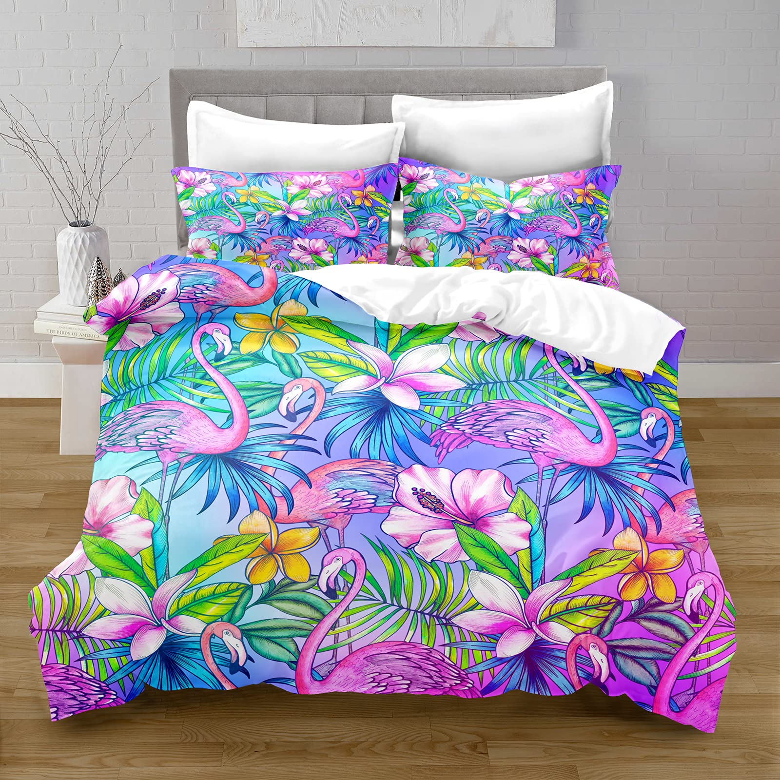 Housse de couette 200x200cm en microfibre douce motif flamant et fleurs pourpres