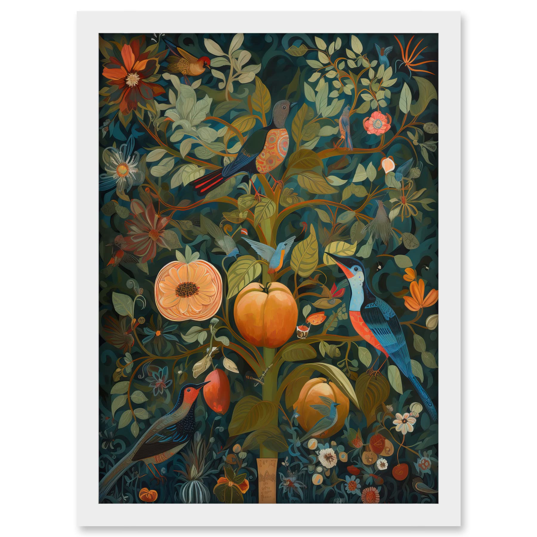 Artery8 Birds on Blooming Peach Tree in Modern Folk Art Artwork Framed A3 Wall Art Print
