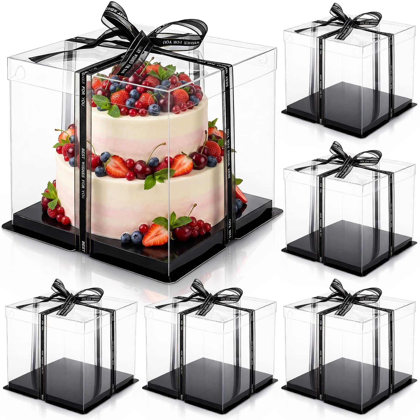 Cididu 6 Pack Clear Cake Box with Ribbon, 2-Layer Tall Cake Carrier Box, Packaging Boxes 10x10x9 Inch, PET Clear Gift Box with Lid, Transparent Cake Containers for Birthday Party Wedding
