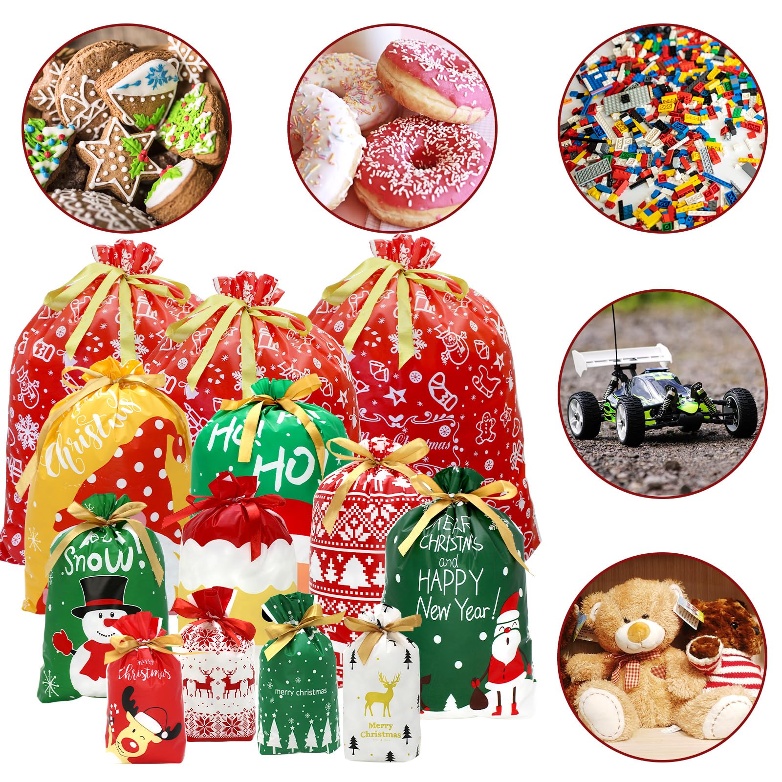 CH HAICHENG Lot de 36 sacs cadeaux de Noël réutilisables en plastique avec cordon de serrage - Tailles L, M, S