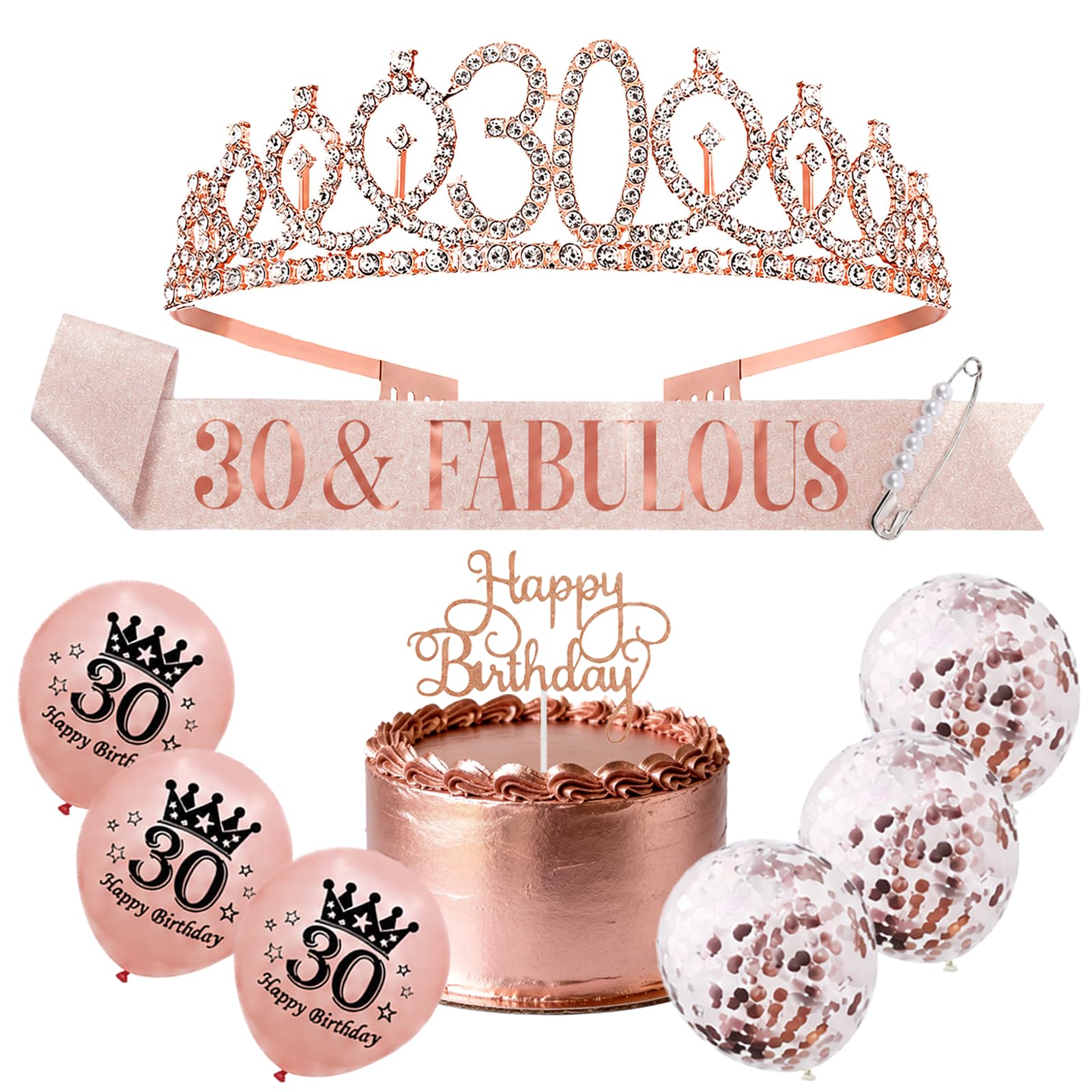 Rose Gold 30th Birthday Decorations Kit - Crystal Tiara Crown with 30th Birthday Sash, Tiara, Happy Birthday Cake Toppers, Balloons, Party Accessories for Girls Women Gifts (30th) โ image 1