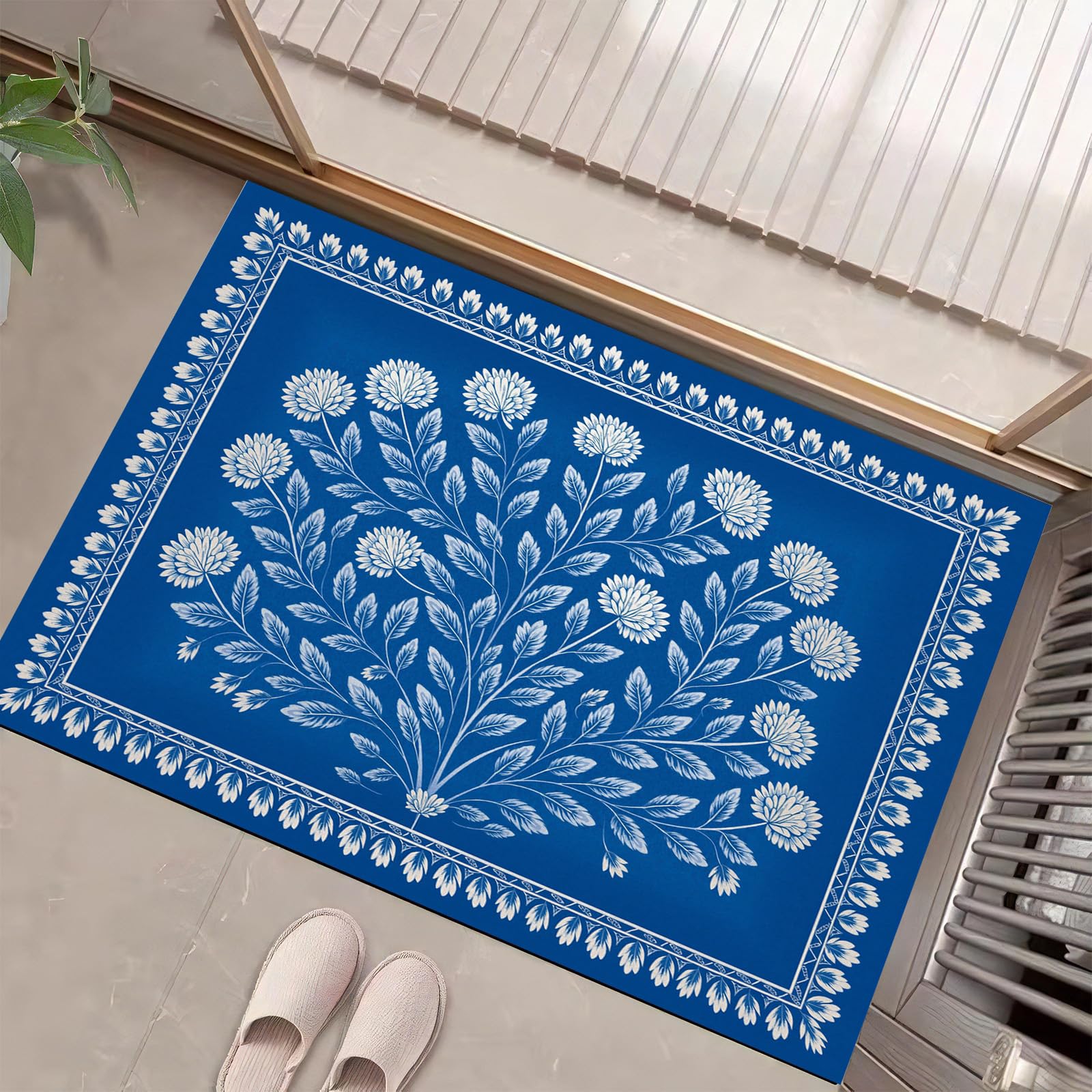 Tapis de noël antidérapant bleu motif floral blanc pour entrée