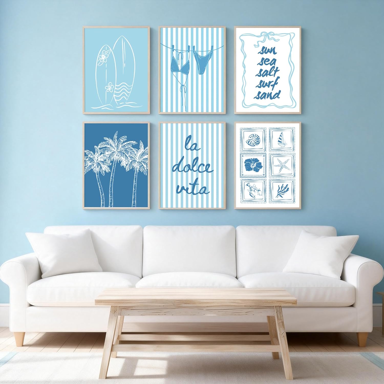 6Pcs Blue Coastal Granddaughter Wall Art Bikini Seashell Palm Surfboard Wall Decor Pictures Preppy Beach Aesthetic Canvas Posters Prints for Bedroom Dormitory Room Decoration 12x16in Unframed