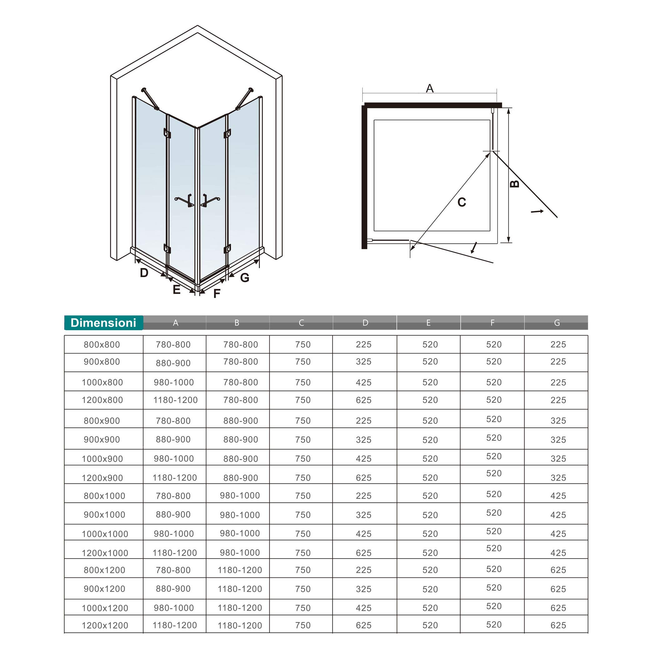Box Doccia Angolare Porta Battente 80x80x190cm Pareti Fisse Vetro 8mm Barra