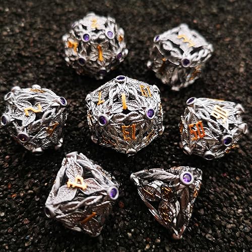 Miniatura 7 de HAOMEJA Hollow Magic Vine Leaf - Juego de dados de metal para DND, 7 dados para juegos de rol D&D Dungeons and Dragons (gris + gema morada)