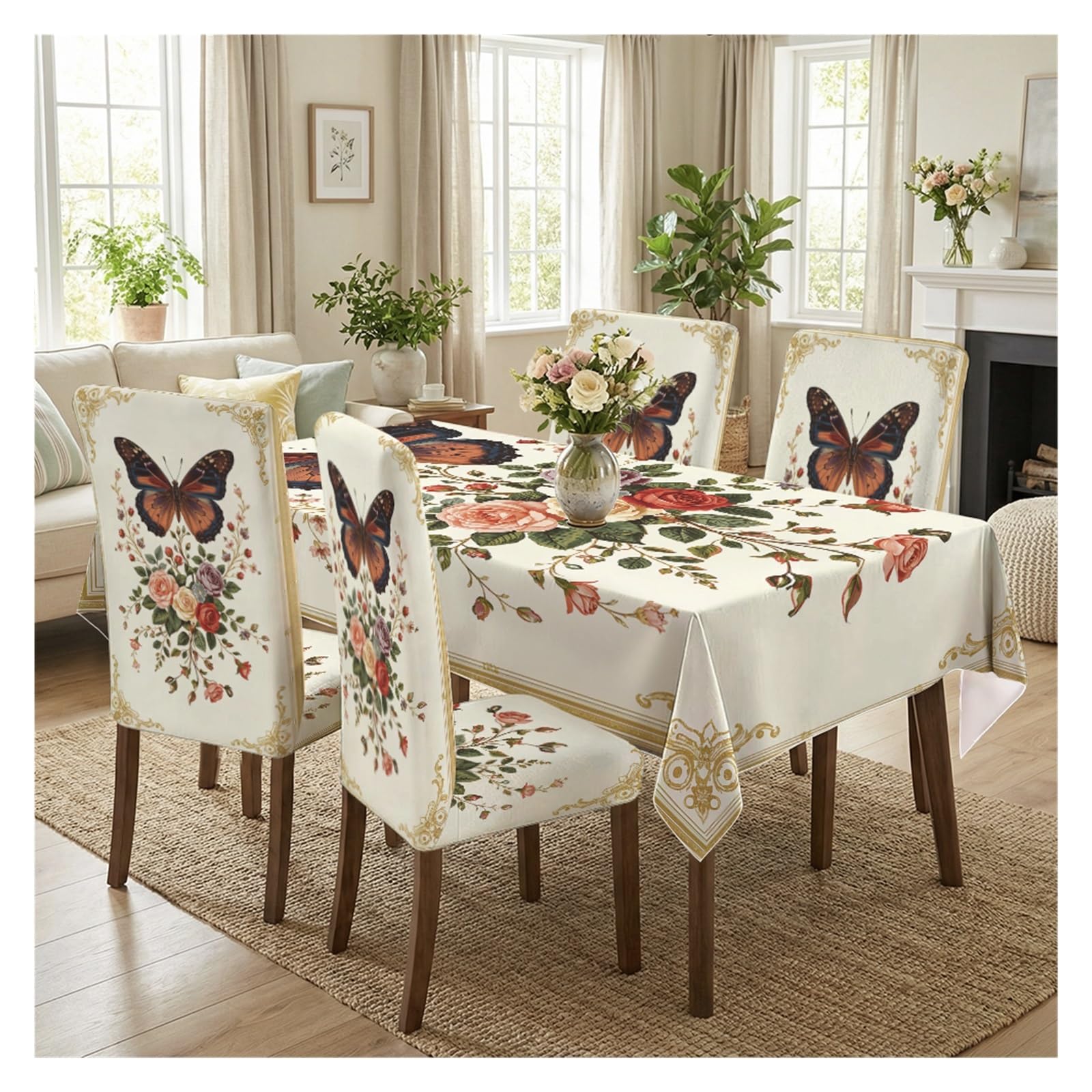 BOSUYBN Vintage Butterfly Rose Floral Dining Tablecloth & Chair Covers Set, 5/7 Piece Golden Baroque Elegant Home Decor Table Setting(5pcs Set: Tablecloth+Chair Covers)