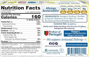 Santo Amaro - Authentic European Sardines in Olive Oil & Natural Lemon, Hand-Packed Canned Sardines Lisbon Variety Real Lemon, Wild Caught Portuguese Sardines, Lightly Smoked, 21g Protein, Low Mercury Pack of 3