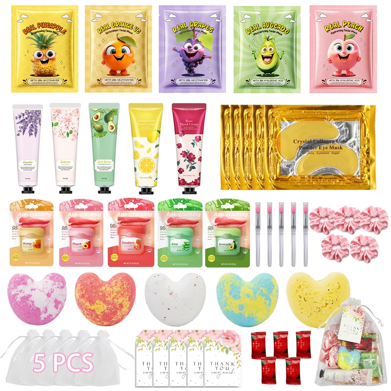 50 PCS Spa Party Supplies for Girls & Women, Facial Masks- Hand Cream- Lip Balm- Bath Bomb- Eye Mask- Compressed Towel- Hair Ties- Lip Brush- Organza Bags, Spa Kit for Birthday, Sleepover, Spa Day