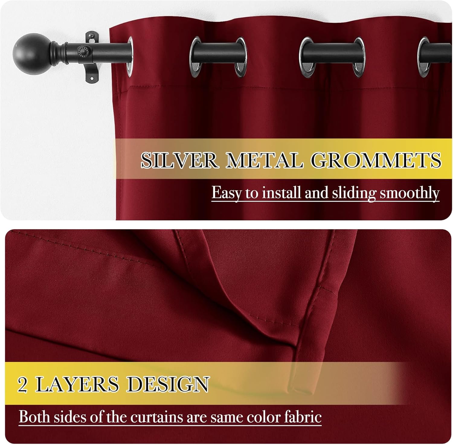 NICETOWN Kitchen 100% Blackout Curtain Panels, Thermal Insulated Same Color Liner Curtains, Noise Reducing and Cold Blocking Drapes for Windows (2 Panels, Burgundy Red, 42" Wide by 63" Long)