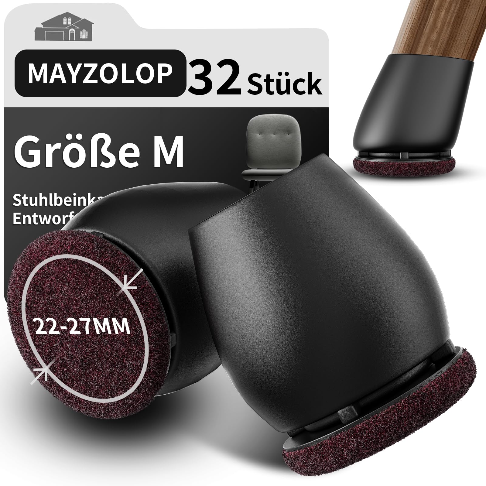 MAYZOLOP 32 Stück Stuhlbeinkappen Schwarz, Ø22-27mm Stuhlbeinkappen Schräge Stuhlbeine mit Filz, Hartholzboden Stuhlbeinschoner Rund, Kein Lärm Kein Kratzer