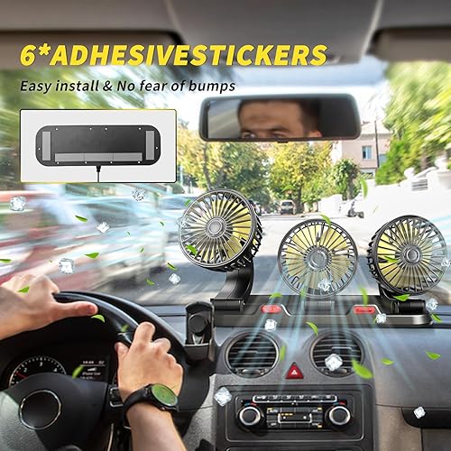 Miniatura 6 de Ventilador de refrigeración portátil de 3 cabezales para automóvil, ajustable de 2 velocidades, rotación de 360, enchufe para encendedor de