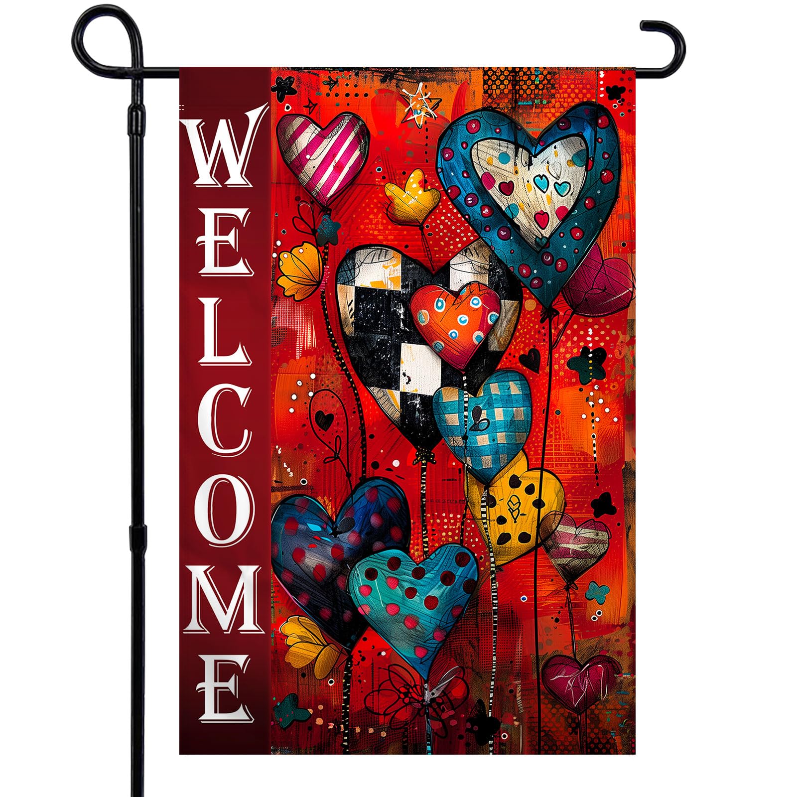 Happy Day Garden Flag 12×18 Inch Welcome Red Heart Decorations Garden Flag for Yard Party Decorations Double Sided