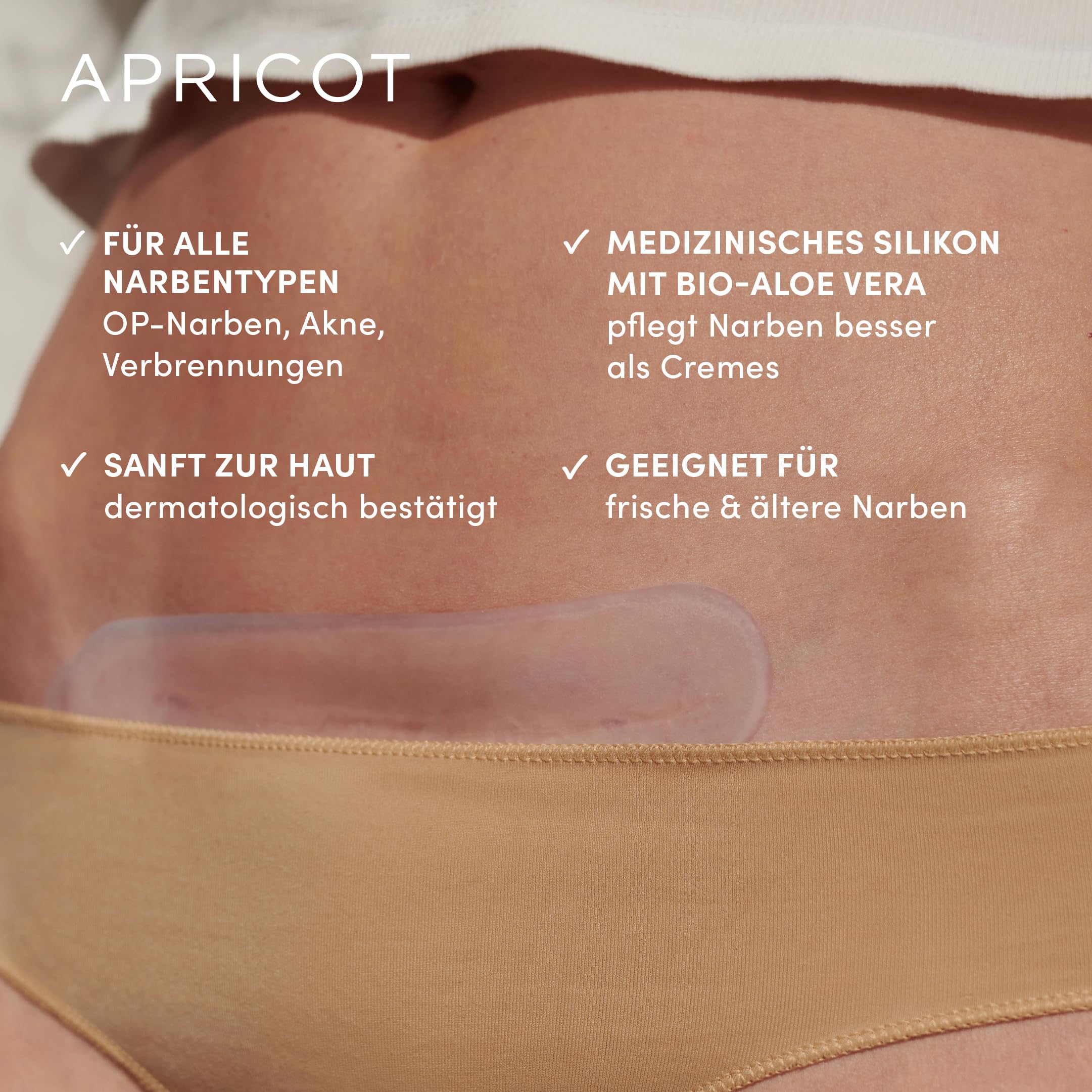 APRICOT 2x Silikon Narben Pad mit Bio-Aloe Vera aus medizinischem 16,5cm x 3,5cm - 30x Wiederverwendbar - Silikonpflaster für Narben, Narbenpflaster Silikon, Kaiserschnitt Narbenpflege OP