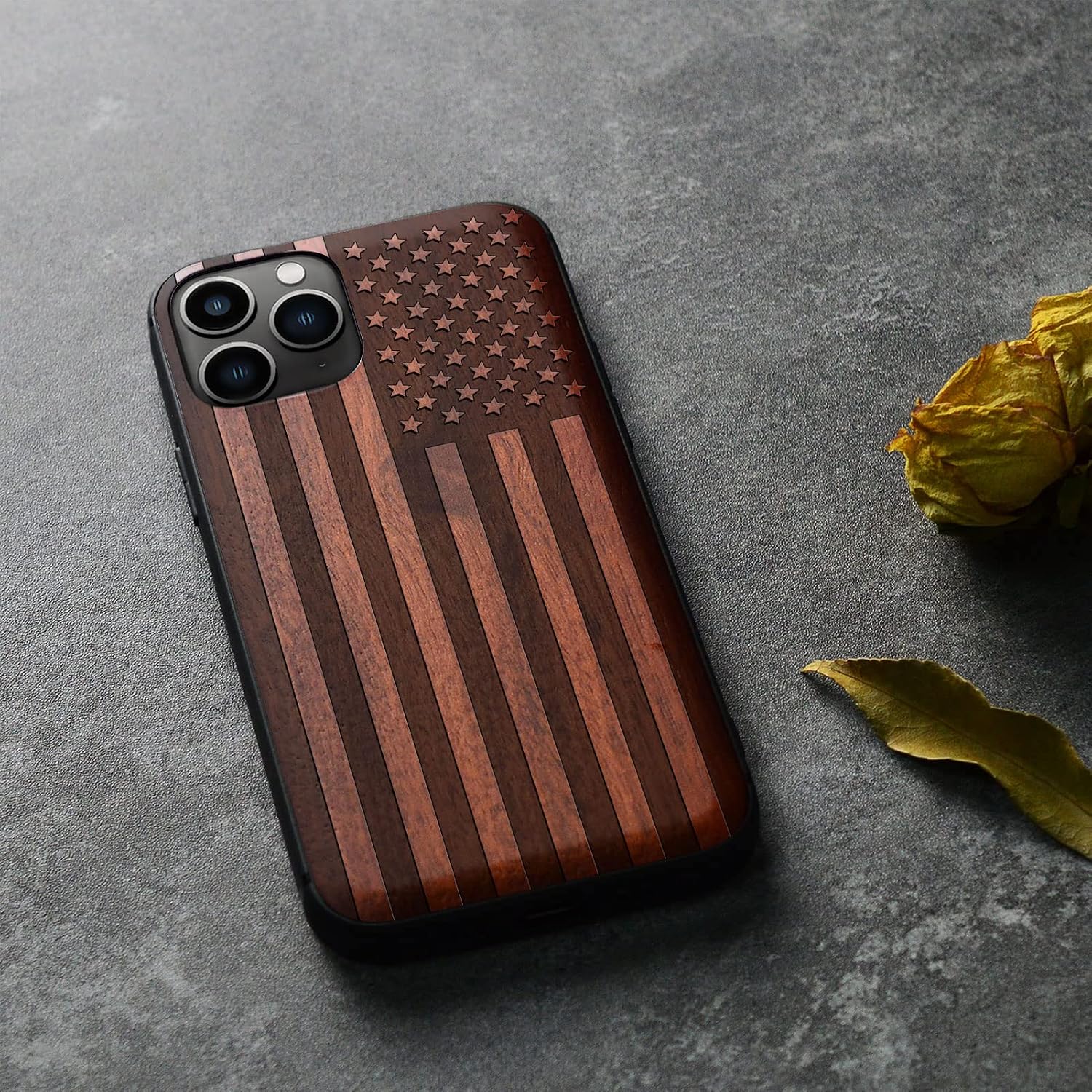 Carveit Wood Case for iPhone 11 Pro Max Case [Hard Real Wood & Black Soft TPU] Shockproof Protective Cover Unique Wooden Phone Protector Compatible with 11 Pro Max (American Flag-Rosy)