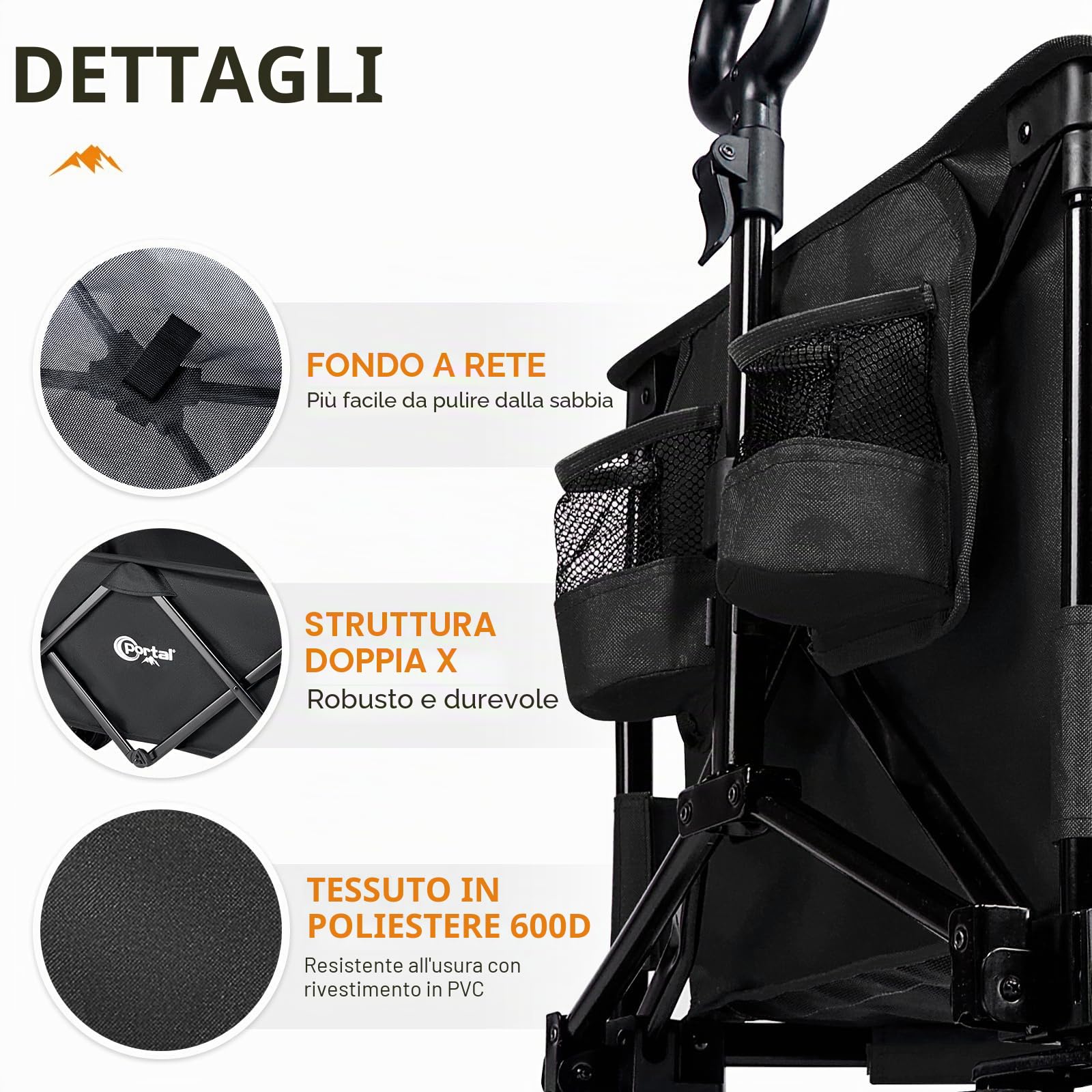 Portal carrello da festival con freni regolabili per portellone posteriore, 300 l, ruote larghe, carrello resistente, pieghevole, rimorchio | Portabevande con tasca laterale, carrello pieghevole per tutti i terreni, campeggio, spiaggia, shopping