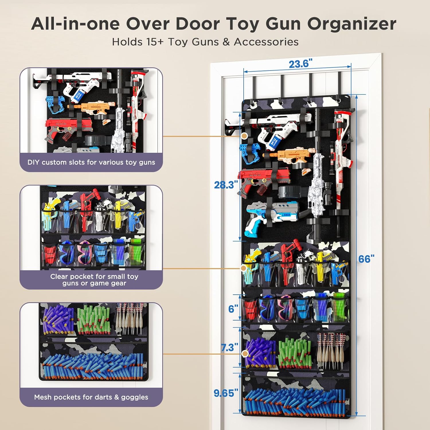 Over the Door Organizer for Toy Guns, Hanging Toy Guns Storage Organizer with Pockets and Slots for Kids Foam Blasters, Darts, Goggles, Toys Storage Door Hanger for Kids Rooms, Game Rooms, Camouflage