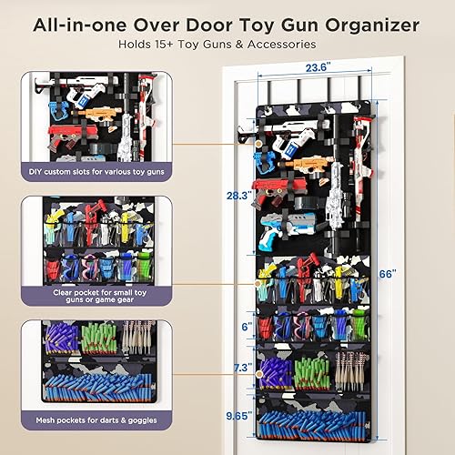 Miniatura 4 de Organizador sobre la puerta para pistolas de juguete, organizador de almacenamiento de pistolas de juguete colgantes con bolsillos y ranuras para