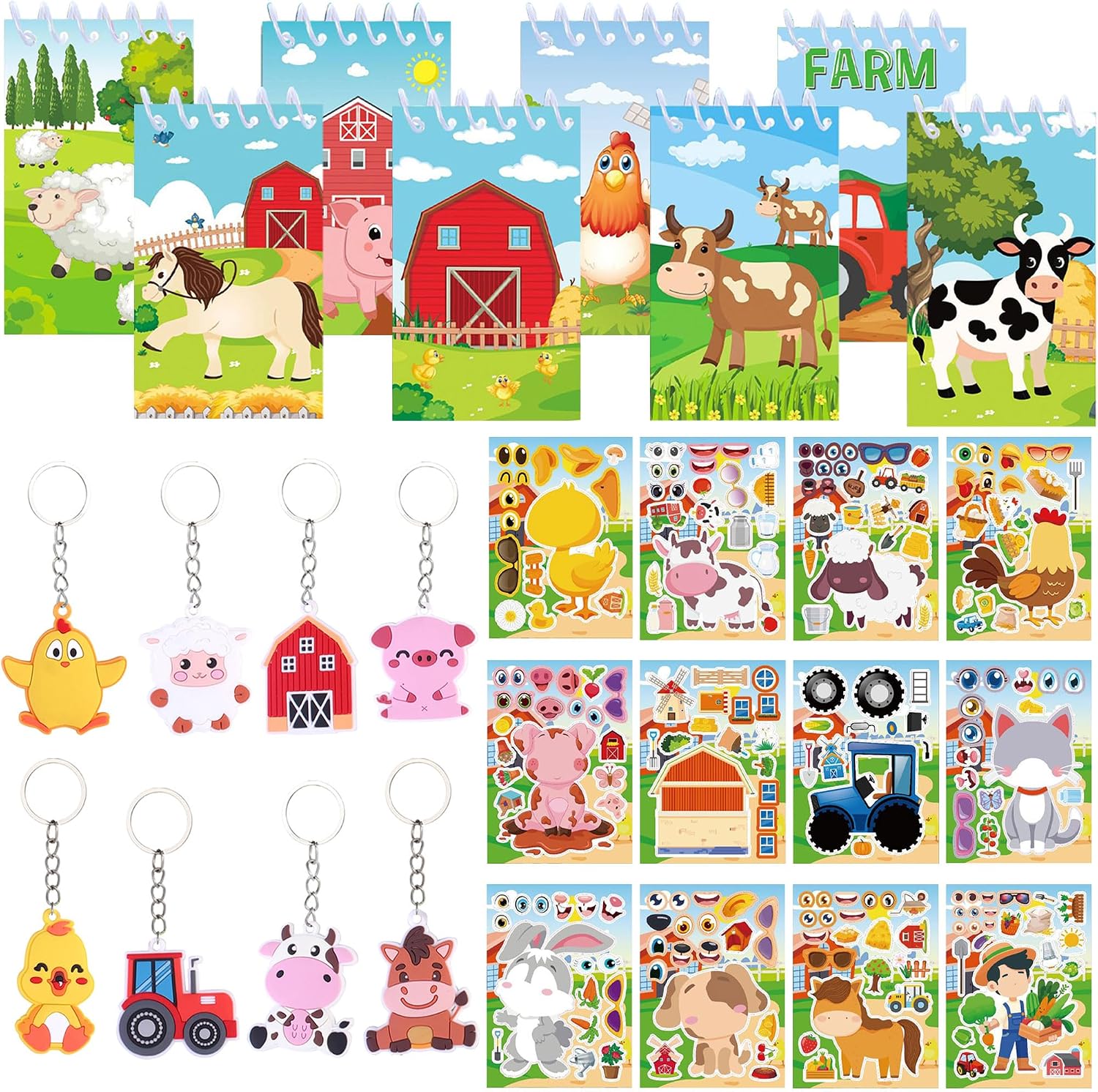 BACH AND BOUJEE 28PCS Farm Party Bag Fillers Farm Animal Mini Notebook Sticker Keychains Keychain for Birthday Party Goodie Bag Fillers Supplies