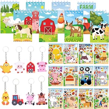 BACH AND BOUJEE 28PCS Farm Party Bag Fillers Farm Animal Mini Notebook Sticker Keychains Keychain for Birthday Party Goodie Bag Fillers Supplies