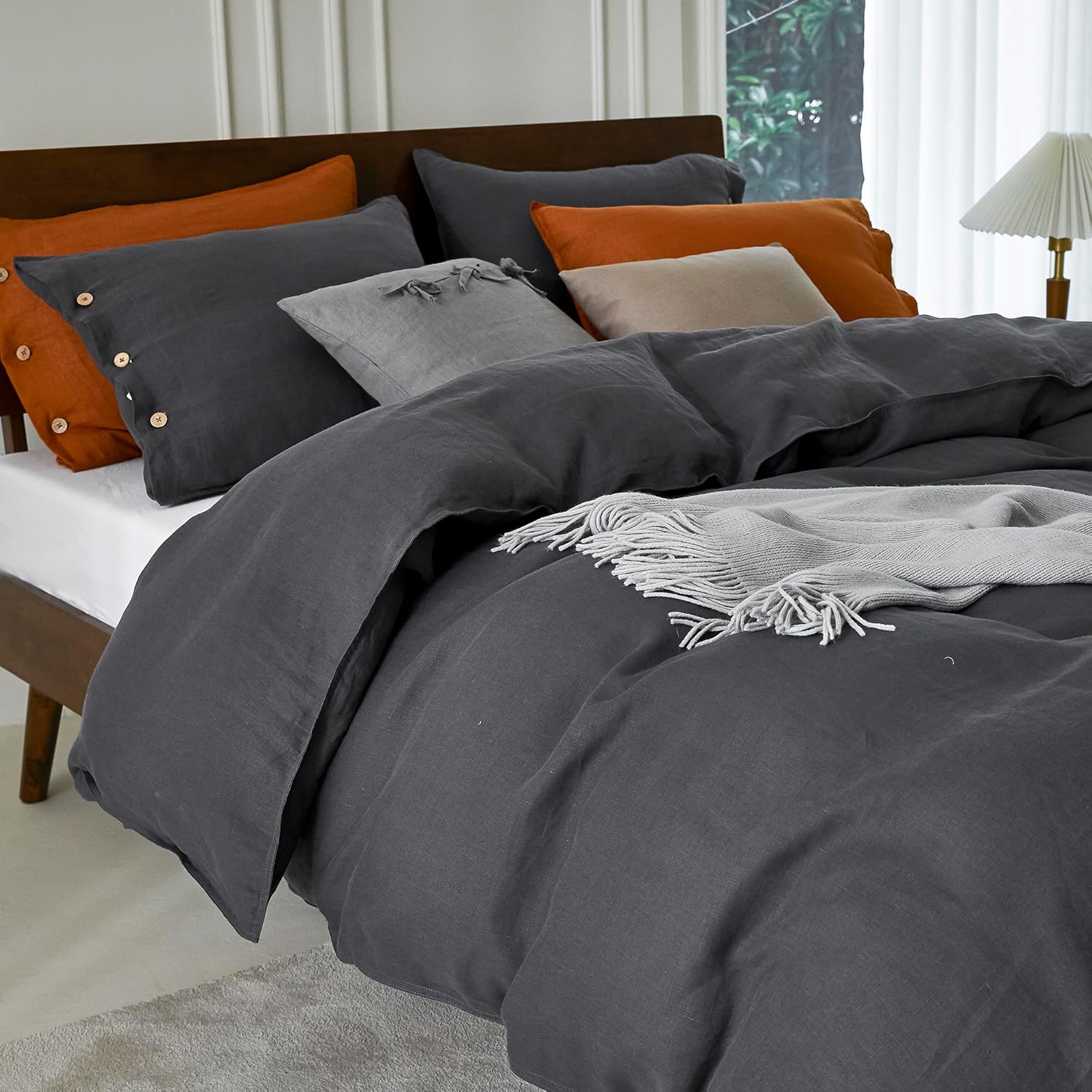 EVERLY 100% Pure Linen Duvet Cover Set Queen Size90X90Inch 3pcs (1 Duvet Cover,2 Pillowcases) Soft and Breathable for All Season with Coconut Button Closure, Suitable for Hot Sleepers-Dark Grey-Queen - Image 7