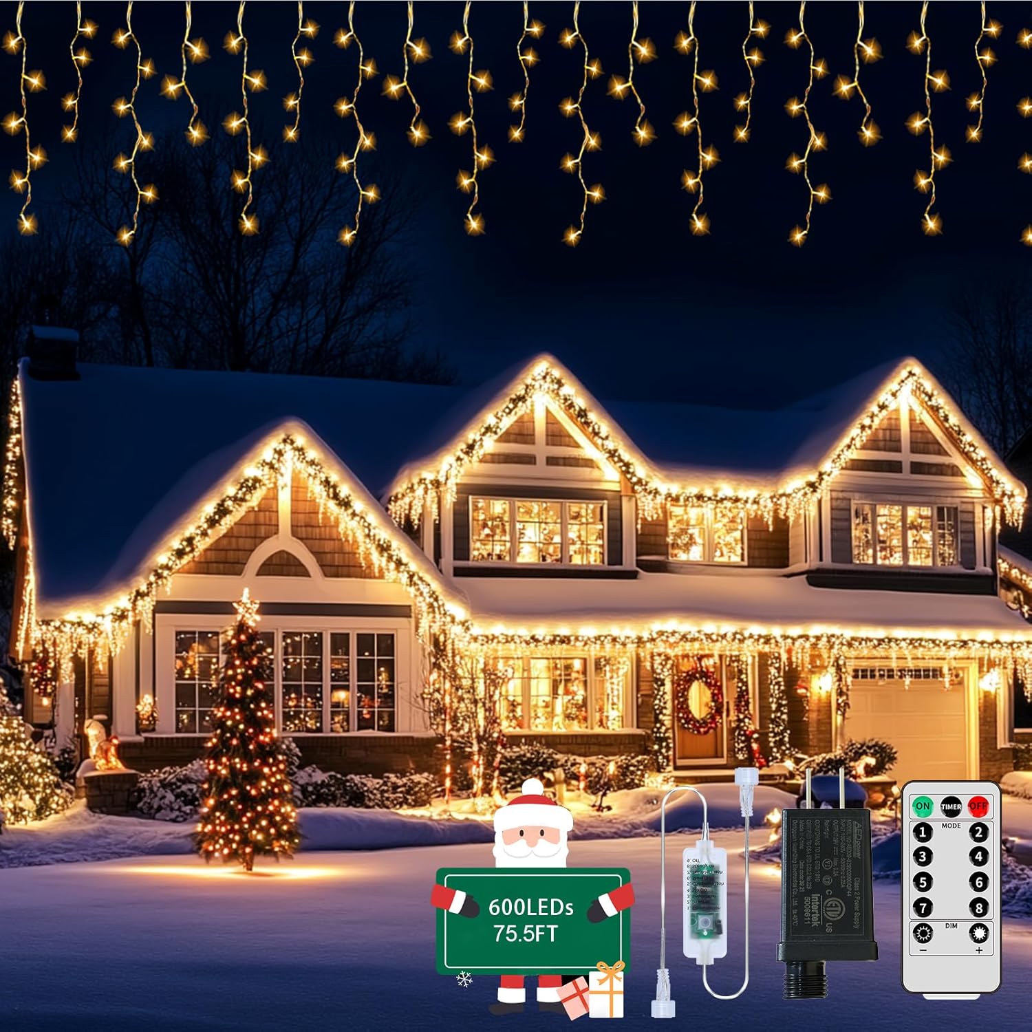 Christmas Icicle Lights Outdoor, 75.5 FT 600 LED 8 Modes Icicle String Lights with 120 Drops, Plug in Icicle Lights Waterproof with Remote Timer for Party, Wedding, Christmas Decorations - Warm