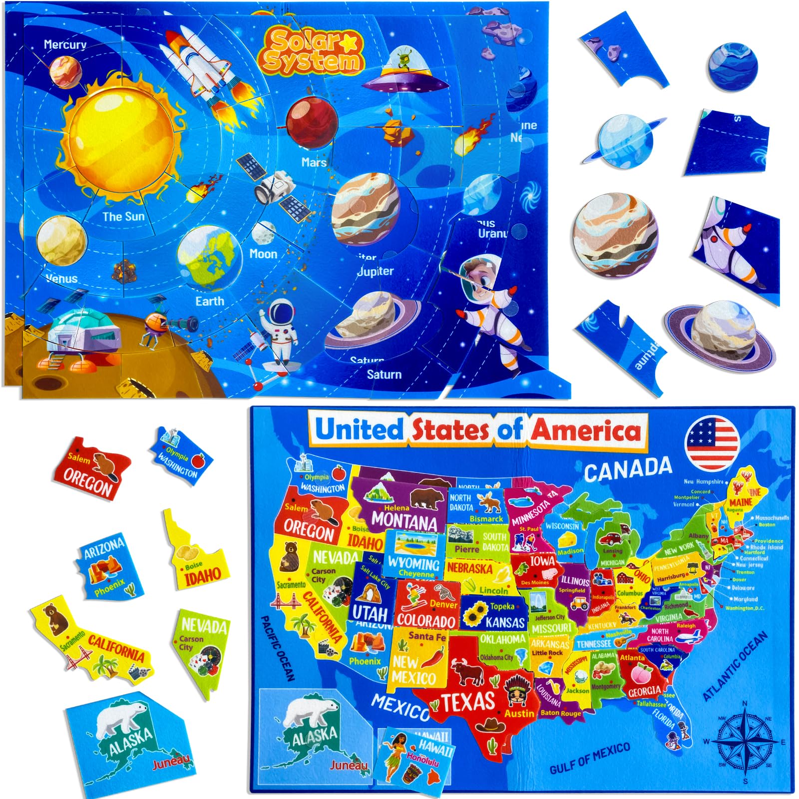 United States Map Solar System Planet Felt Puzzles for Kids Set,2 Felt Flannel Board and 47/53 Pieces,Learning United States Toddler Game Puzzles Ages 3-5, Space and USA Maps for Boys and Girls