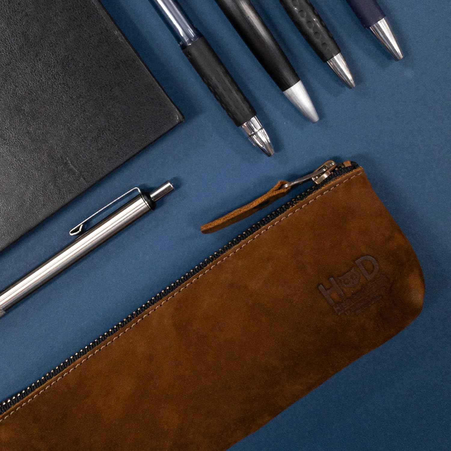 Hide & Drink, Rectangular Pencil Case, Pen & Marker Pouch for Men and Women, Flat Zippered Holder, Classic Style for Artists, Full Grain Leather, Handmade, Swayze Suede