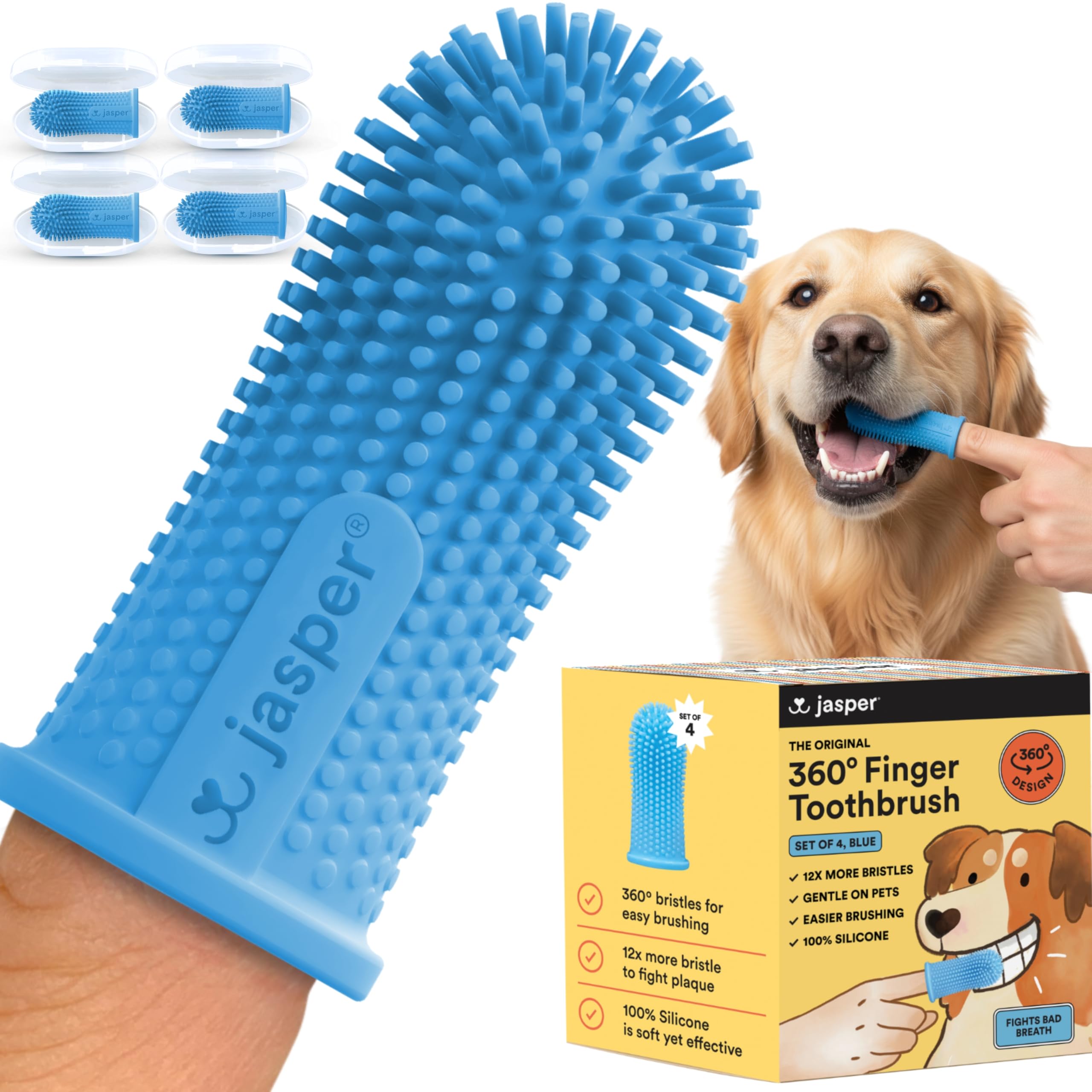 Jasper 360º Dog Toothbrush, 4-Pack Blue: Manual, Pet Toothbrush, Dog & Cat, Blue