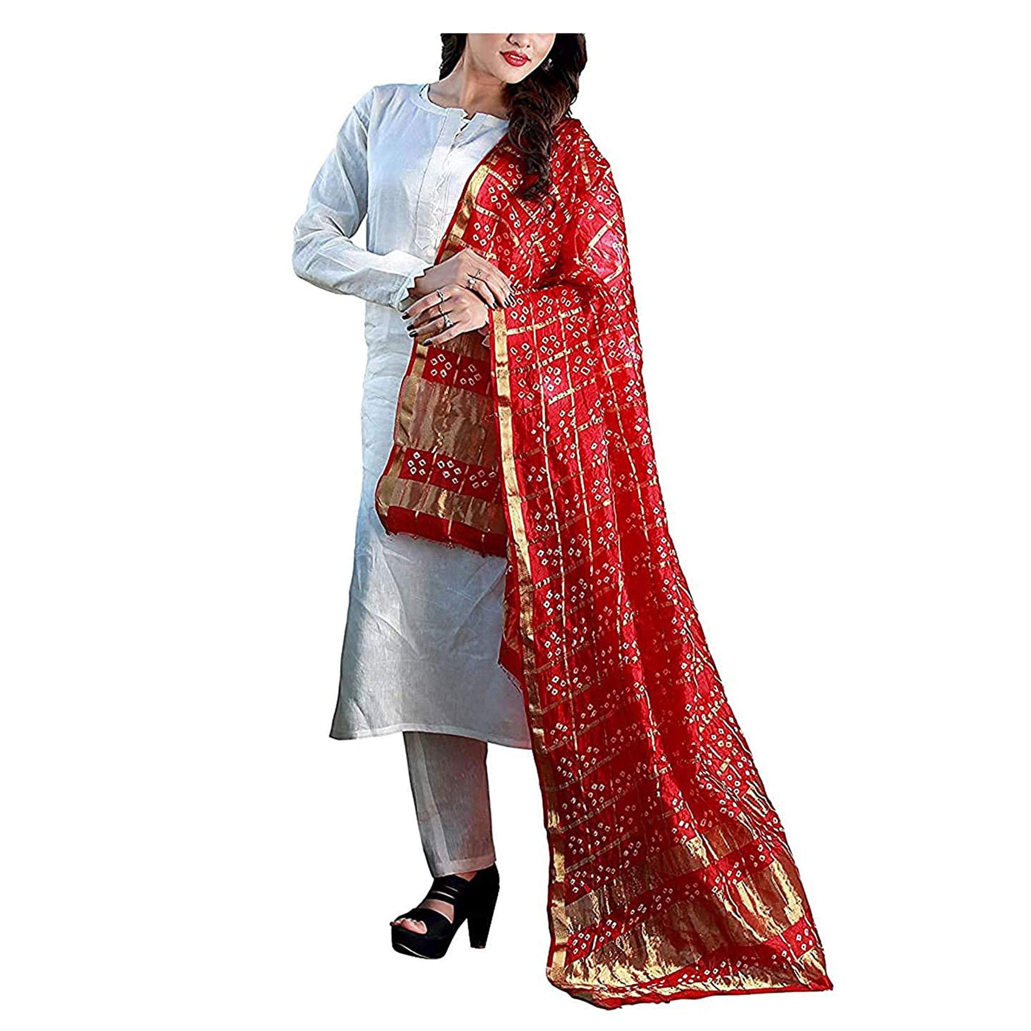 Raj Fashion Bandhani womens Orignal Bandhej Silk Dupatta With Chex And Lagdi Pallu Lipstick Red Colours (2.25 Meter)