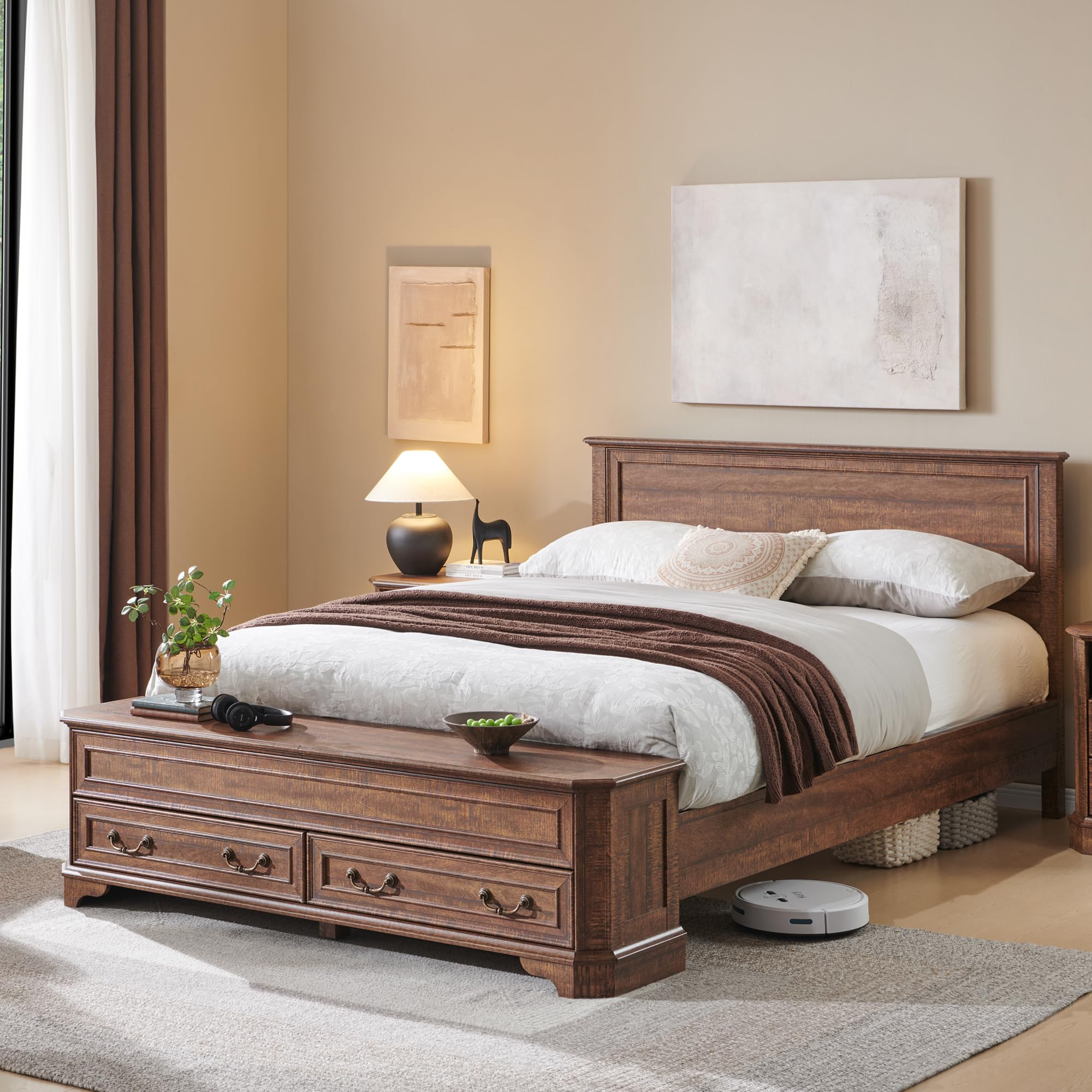 T4TREAM Farmhouse Queen Bed with Headboard and Storage Bench, Rustic Wood Platform Bed with 64" Storage Chest w/ 4 Large Drawer, Dark Brown (ONLY ONE BOX);