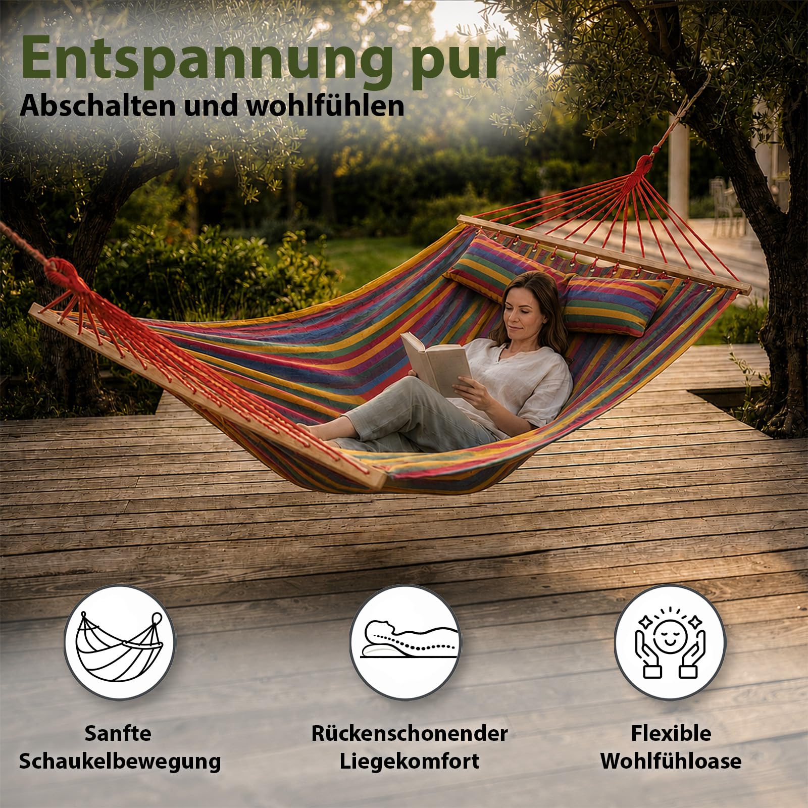 BB Sport Stabhängematte 240 x 150cm Hängematte inkl. 2 Kissen max. 300 kg 2 Personen Doppelhängematte Outdoor, Farbe:Jamaica