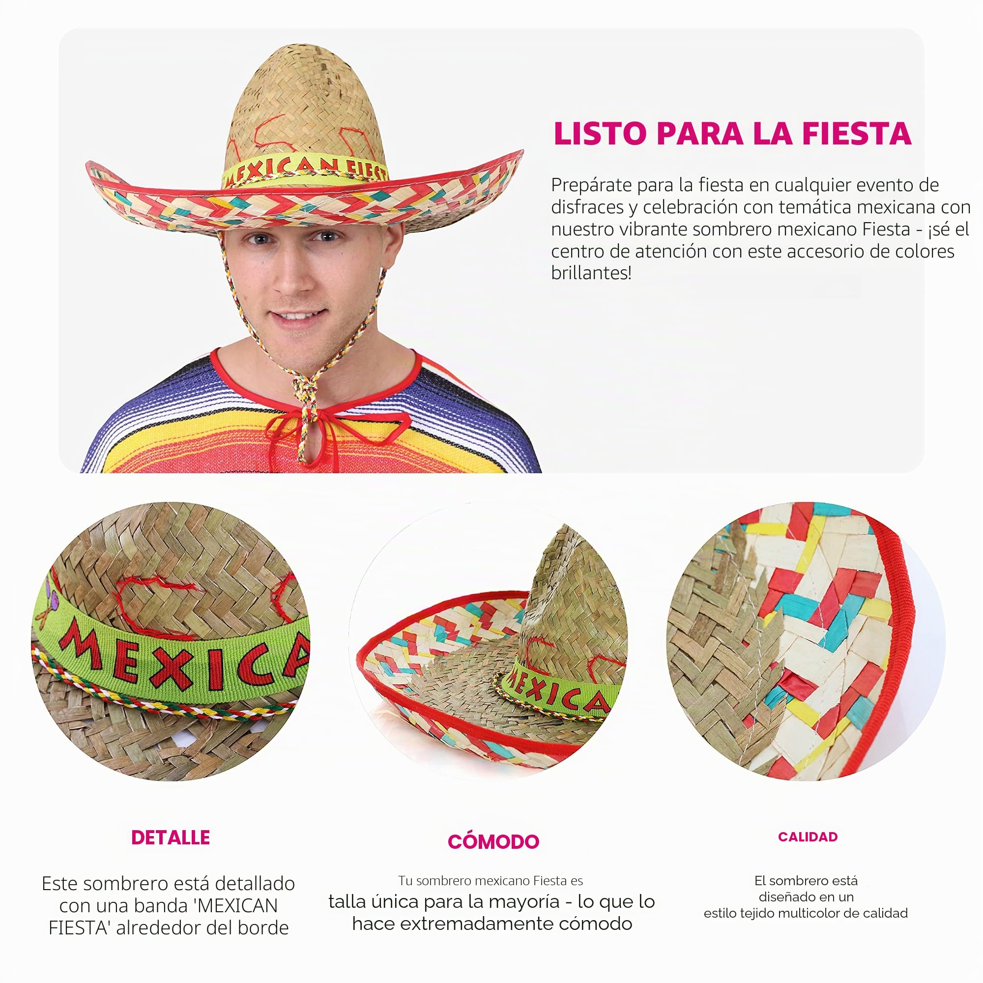 Sombrero de fiesta mexicana – Sombrero de paja con banda "Fiesta Mexicana" – Adultos México Cinco de Mayo accesorio de disfraz