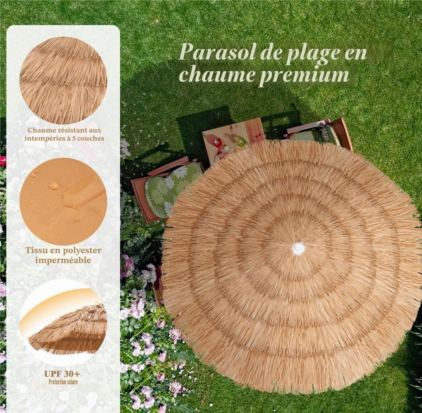 KOMFOTTEU Parasol de Paille simulée pliable, Exotique, 194 cm Haut, φ155 cm