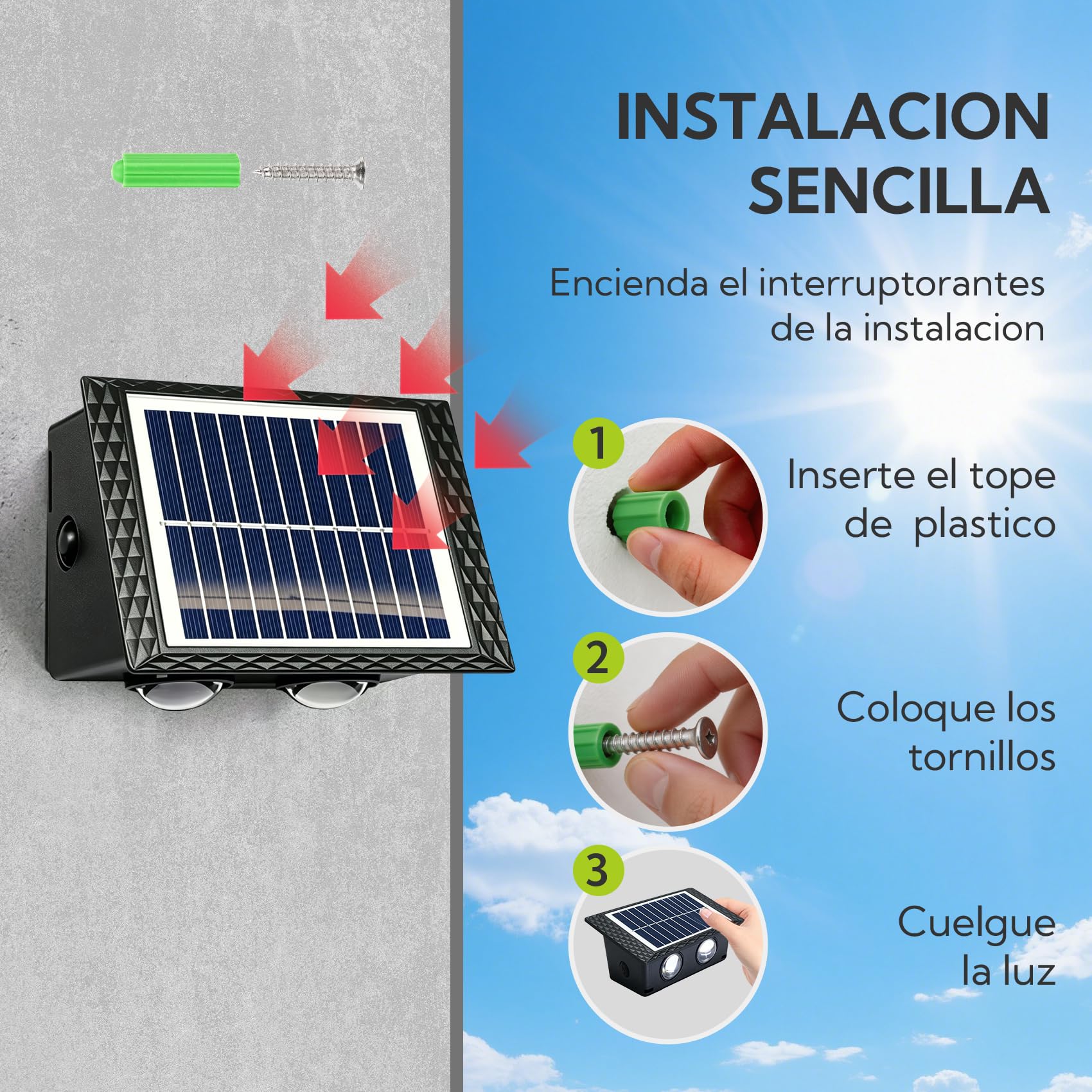 Aplique Solar Exterior 8 LEDs 3000K Blanco Cálido, Lámpara Solar de Pared Impermeable IP65 Iluminación Arriba y Abajo, Luces Solares para Jardín, Valla, Terraza, Muros y Escaleras, Pack de 4