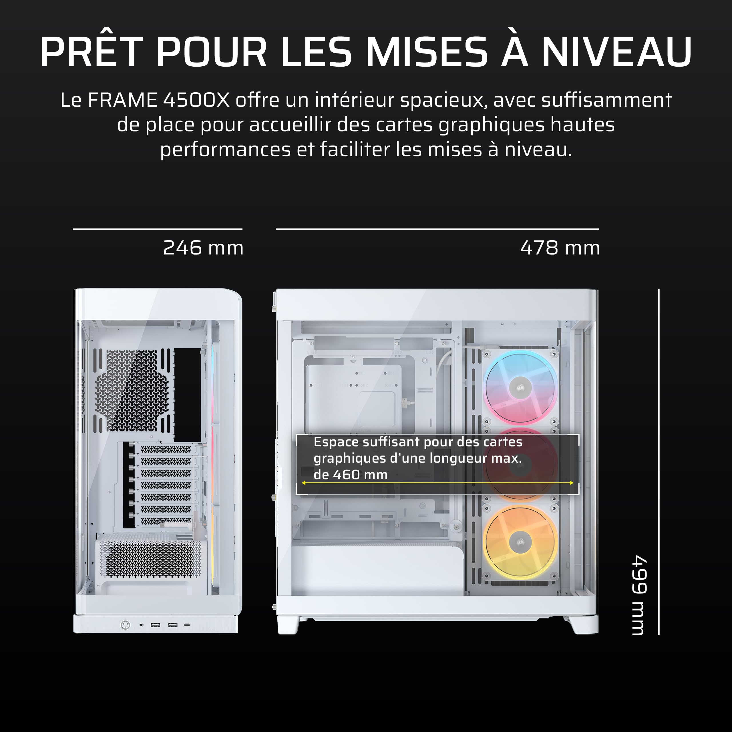 CORSAIR Frame 4500X LX-R RGB Link Boîtier PC Moyen-Tour en Verre Panoramique – Système de Fixation du Ventilateur InfiniRail, Peut Accueillir Deux Radiateurs de 360 mm, 3X LX120-R RGB Link – Blanc