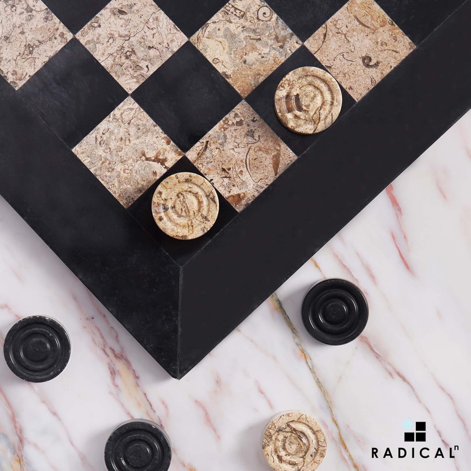 Radicaln Marble Checkers Set 15" Inches Black and Coral Handmade Checker Board Game & Draughts Pieces for Outdoor Travel Games, Ideal Stone Chess and Checker Board Games for Adults