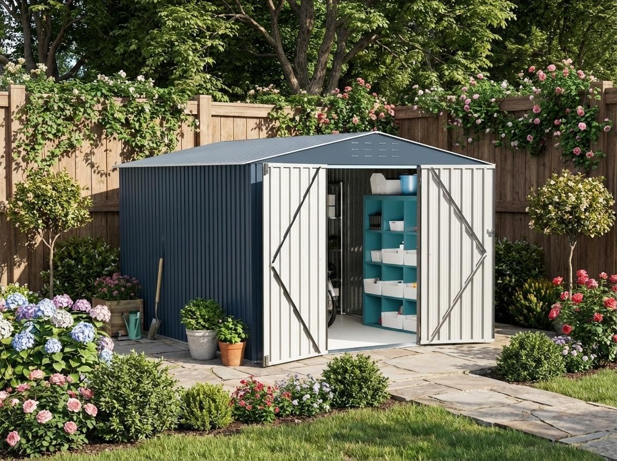 10x12 Ft Outdoor Metal Storage Shed, Galvanized Steel Garden Sheds with Lockable Doors, Extra Large Utility and Tool Storage for Patio Lawn Backyard Outside Use, Grey