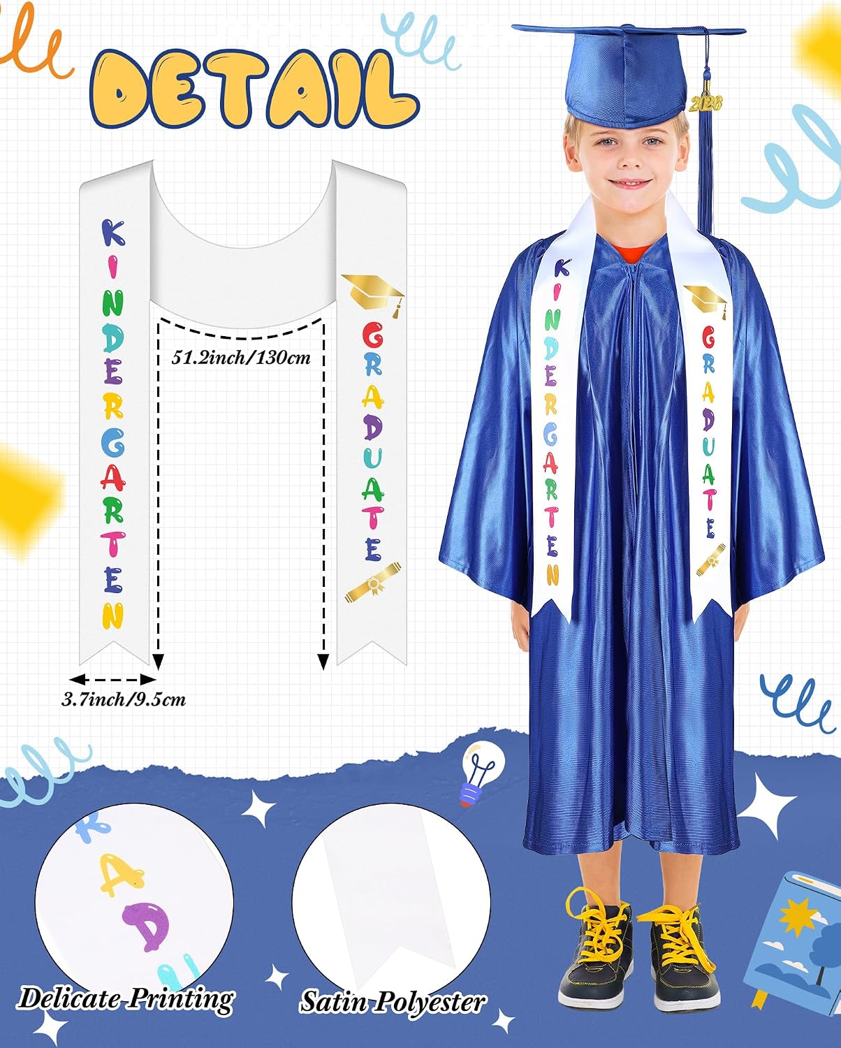 Foaincore 2026 Year Preschool and Kindergarten Graduation Gown Cap Tassel Set with 2026 Charm Printed Stole Grad Gift image 4