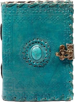 Leather Journal Writing Notebook - Handmade Leather Bound Vintage Journal For Women and Men with Lock And Semi-Precious Stone Gift For Art, Travel Diary To Write In 6 by 4 Inches Ocean Blue