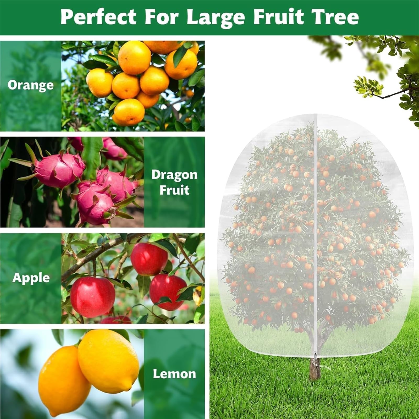 Malla para frutales Cubiertas de Red Protectoras for Plantas de jardín y árboles frutales Grandes de 6x7 pies con Cremallera y cordón, Bolsas de Red de Malla de protección de Plantas 1 Uds