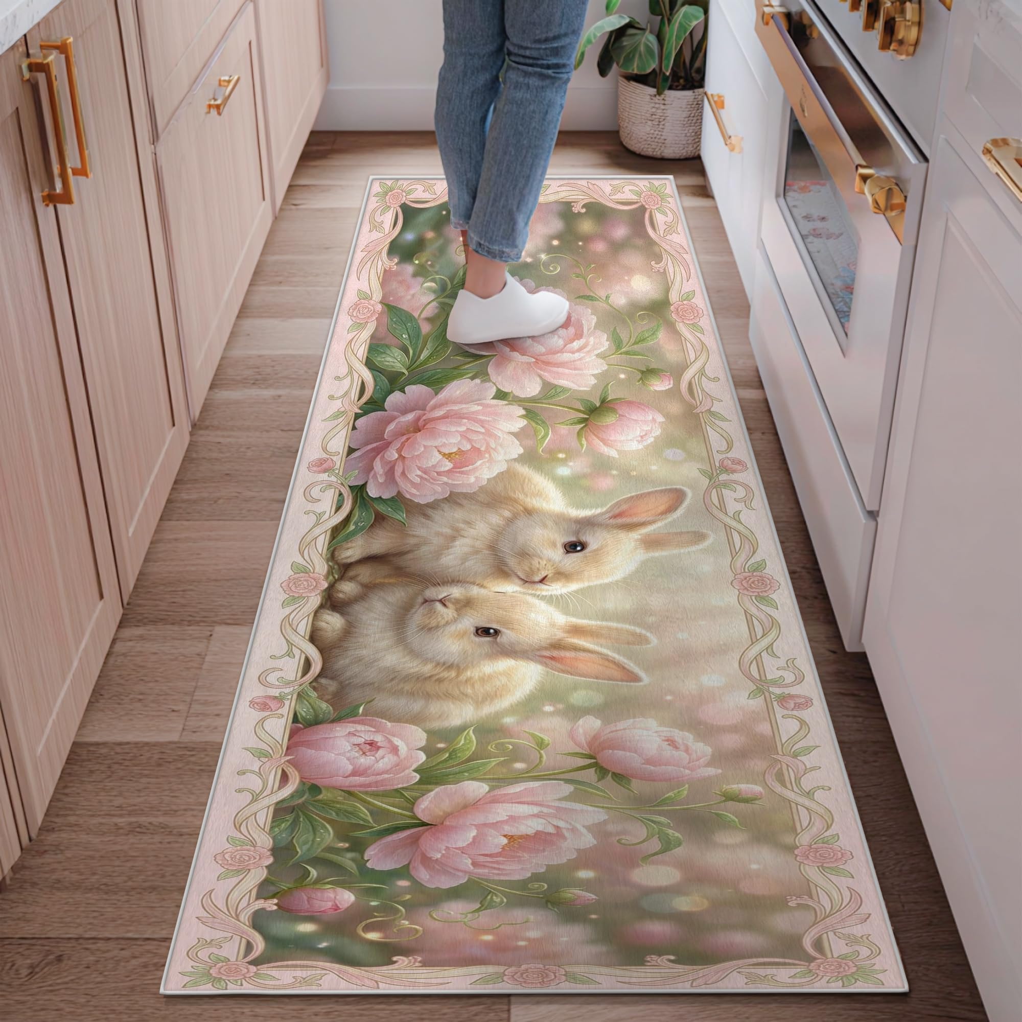 Tapis de couloir feuilles de pivoines pêche antidérapant et esthétique pour maison