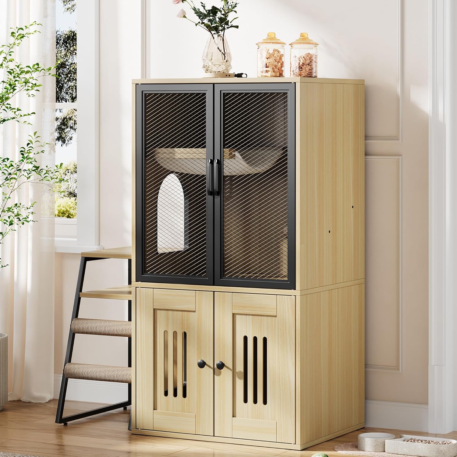 Garvee Double Cat Litter Box Fence with Ladder, Double Cat House with Storage Space, Enclosed Litter Box Furniture, Burlywood