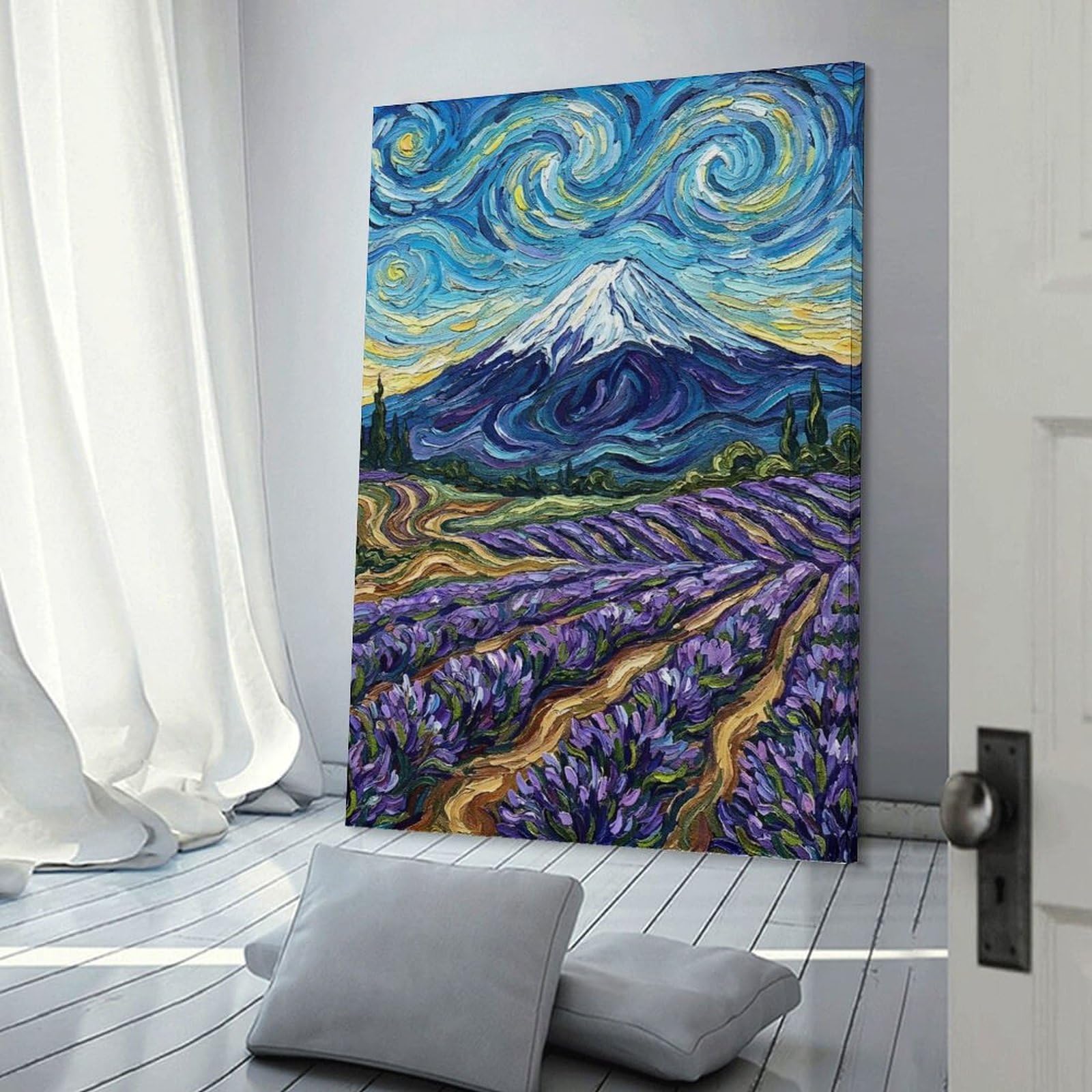 Junmoney Home Decor Wall Art Van Gogh Style Mountain And Lavender Field, 20x30inch(50x75cm), for Flats, Guest Rooms Or Compact Rooms, Wall Decor with Flexible Room Appeal