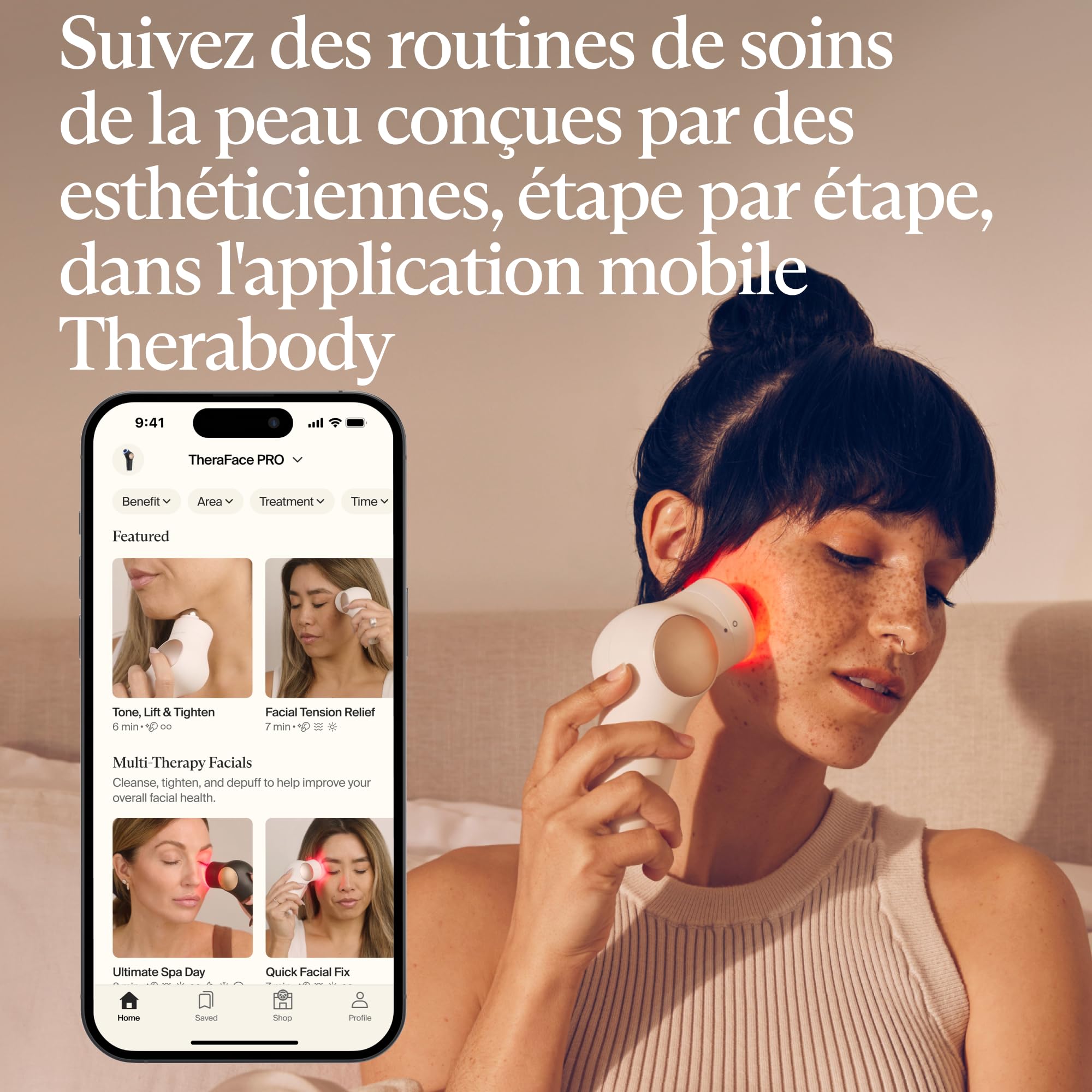TheraFace PRO - Appareil de massage facial portable - Thérapie électrique pour le visage et les soins de la peau - Traitement 8 en 1 avec anneaux de thérapie par microcourant et lumière LED - Blanc
