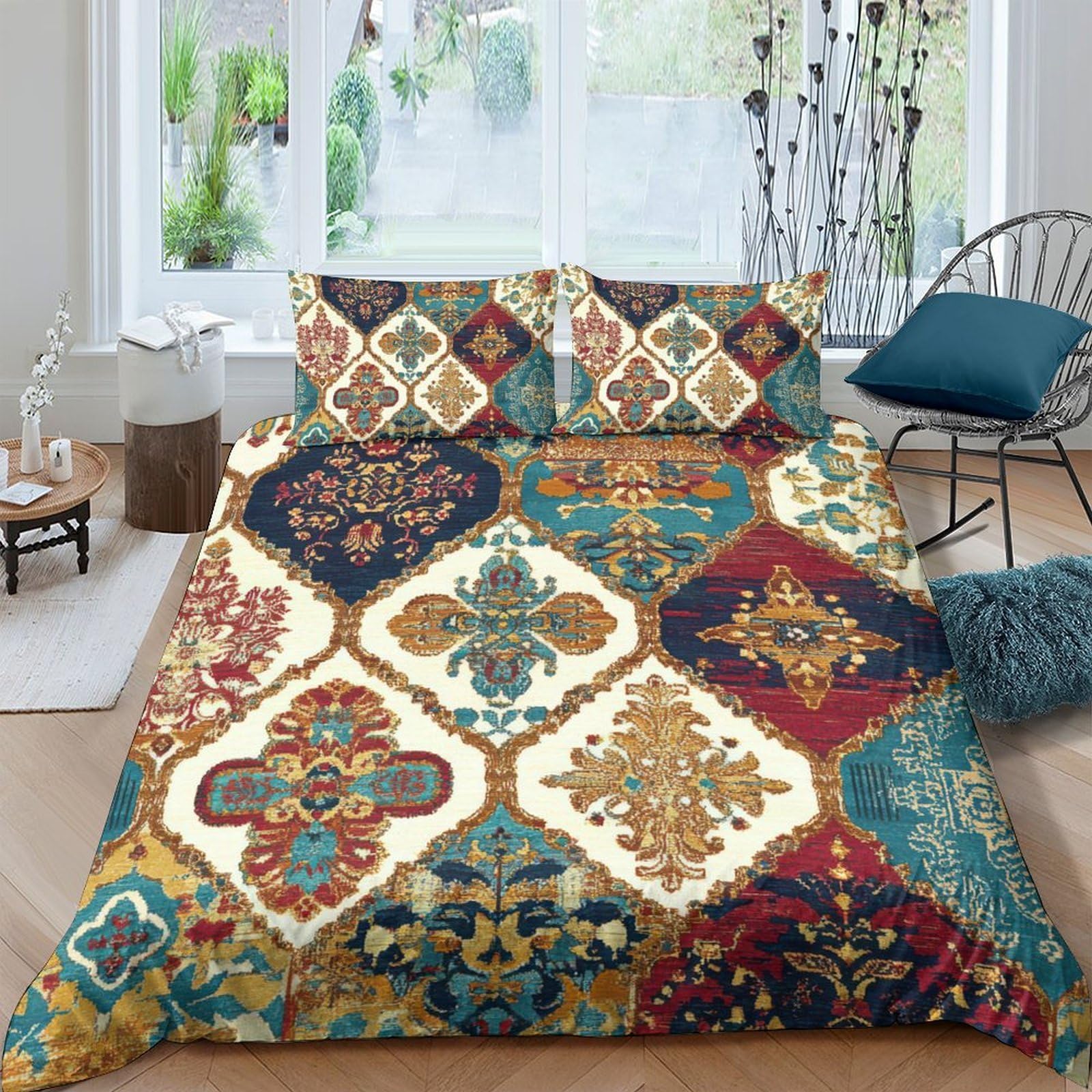 GPLZQXKJNH 3D Printed Moroccan Mosaic Duvet Cover Microfiber Soft Breathable Bohemian Geometric Bedding Set with 2 Pillowcases for Bedroom Decor Single（135x200cm）
