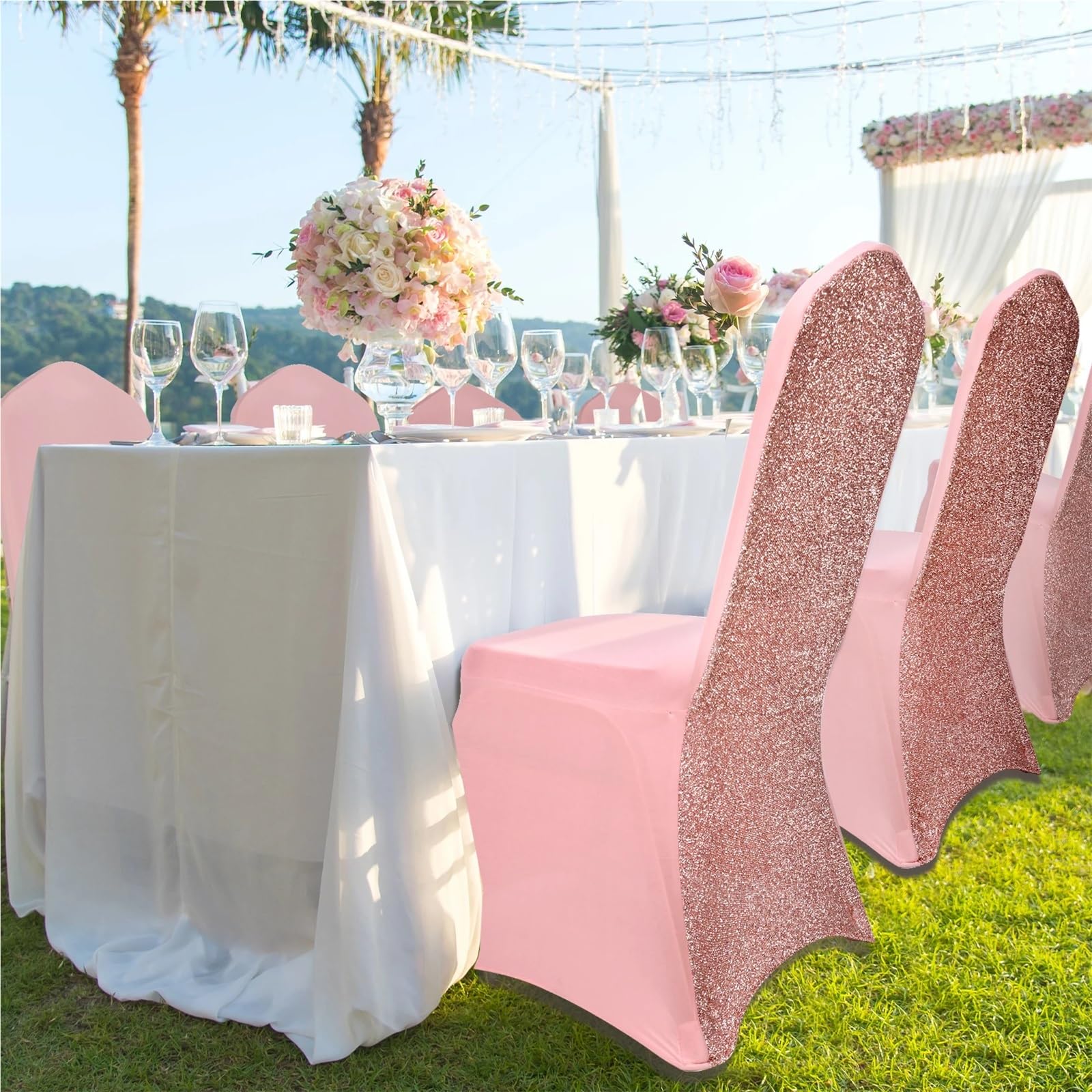 stuhlhussen Hochzeit 50/100 Stück Polyester-Klappstuhlbezüge for Hochzeitsbankett-Dekor weiß/rosa(Pink,50pcs)