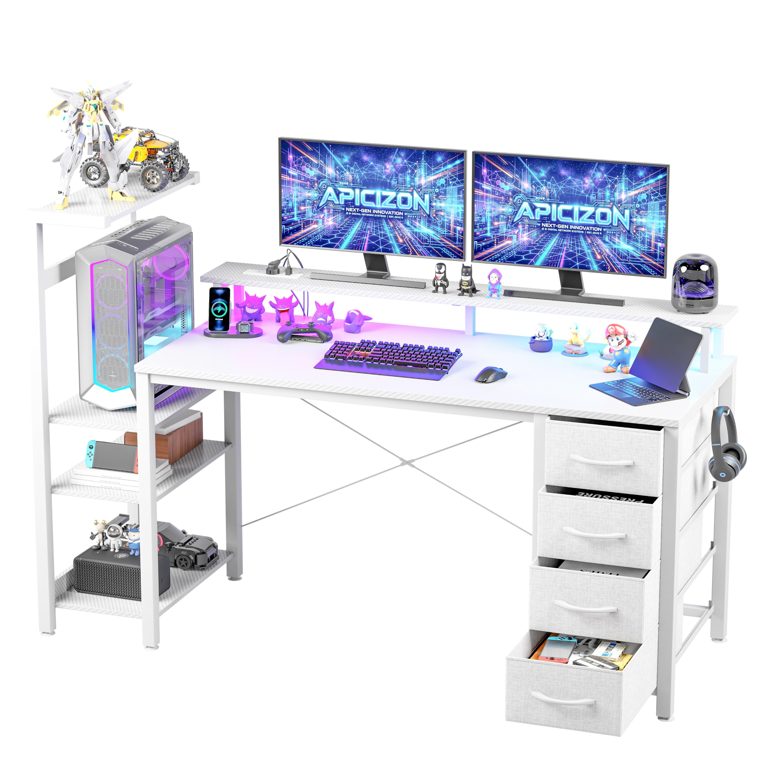 APICIZON Scrivania Gaming 150 cm con Libreria - Scrivania per PC Reversibile con Luci LED RGB, 2 Porte USB, Supporto per Cuffie e Portabicchieri, Effetto Carbonio Bianco