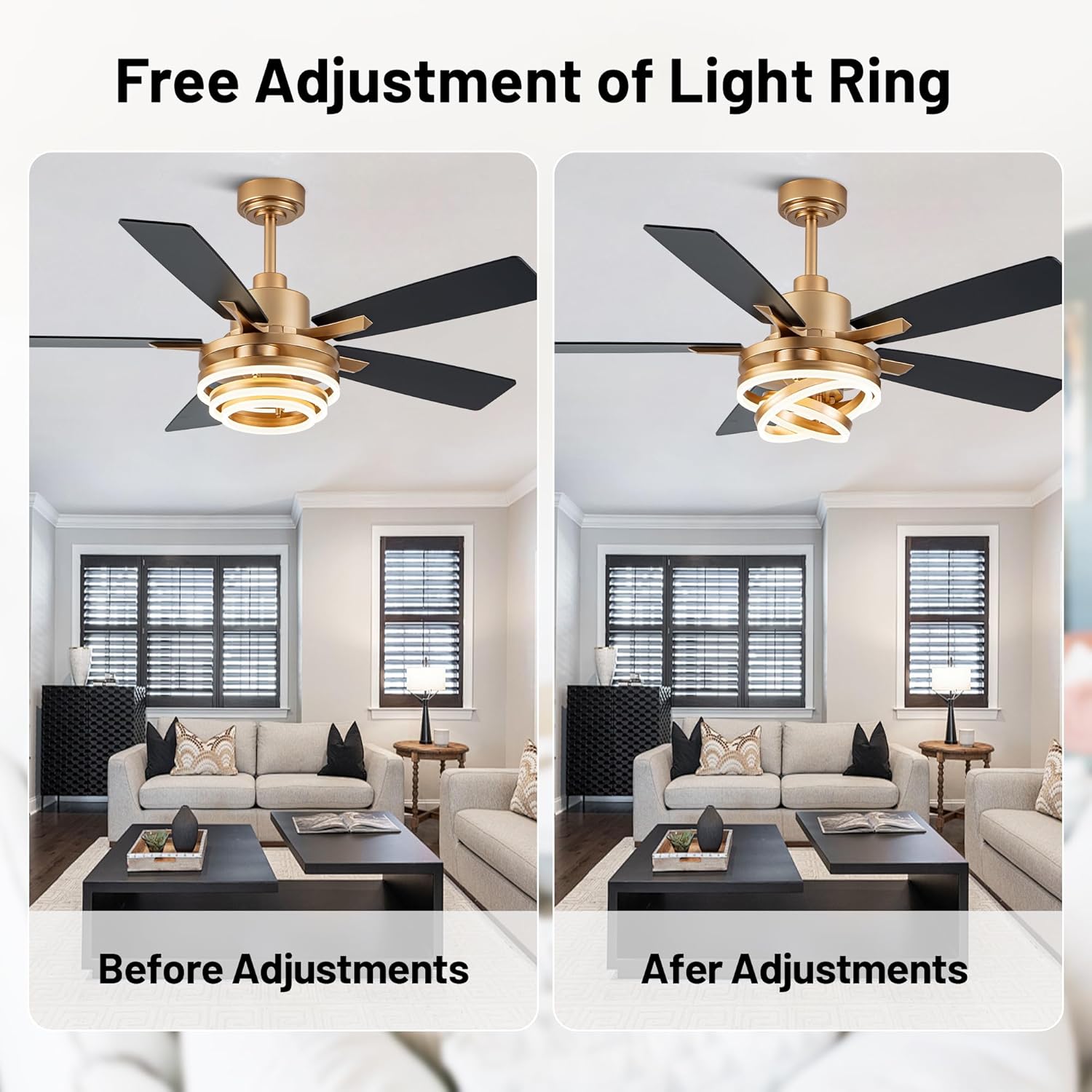 52" Ceiling Fans with Lights,Chandelier Fan with 6-Speed Dimmable LED and Reversible DC Motor,DIY Rings LED,Fandelier Ceiling Fan with 5 Dual Finish Blades for Living Room/Bedroom