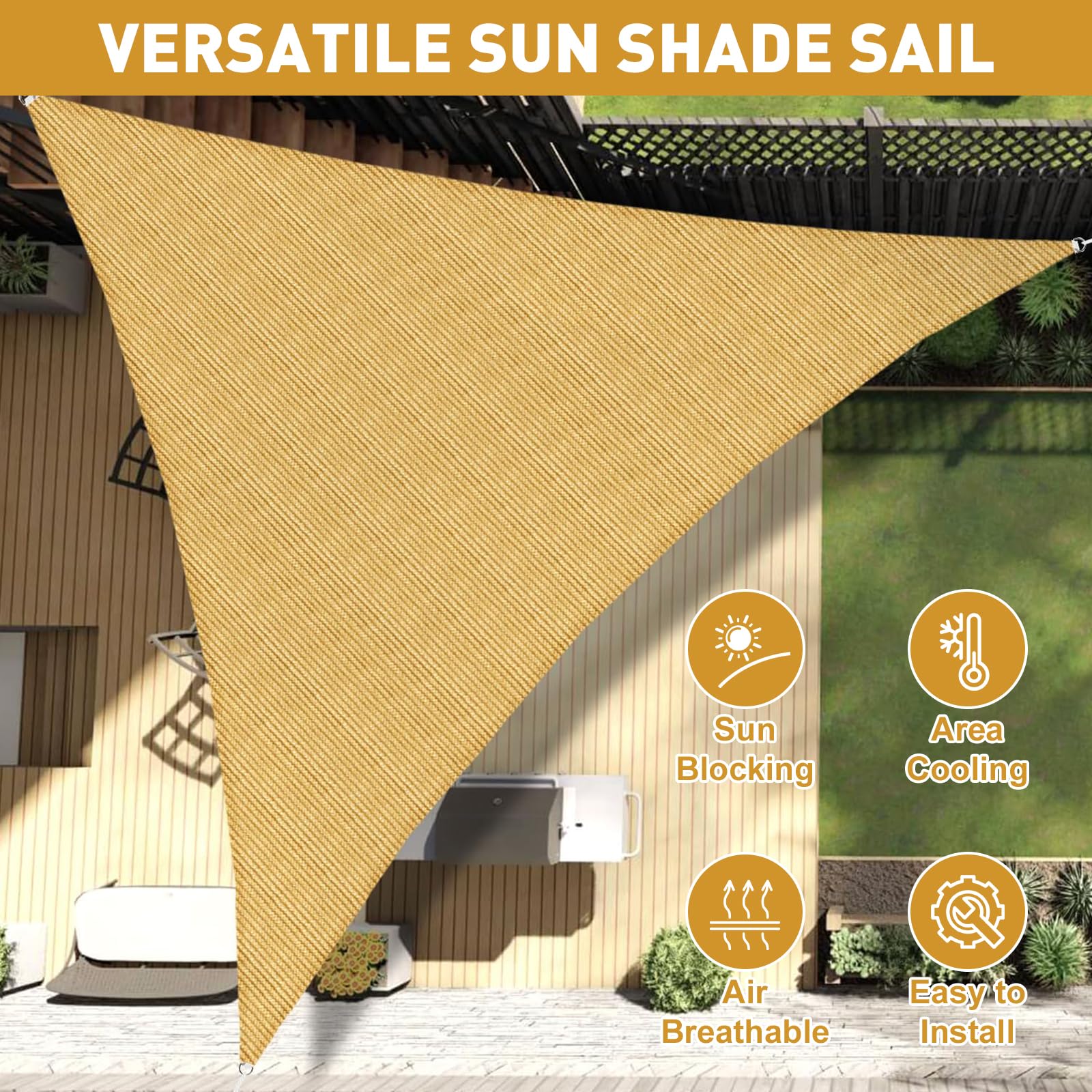 Kezidhp Sonnensegel Dreieck mit Befestigungsseile, Premium HDPE 3x2.5x2.5m Atmungsaktiv Sonnensegel,95% UV-Schutz für Außenbereich,für Außenbereich, Terrasse, Balkon, Garten(Grau) (Gelb)