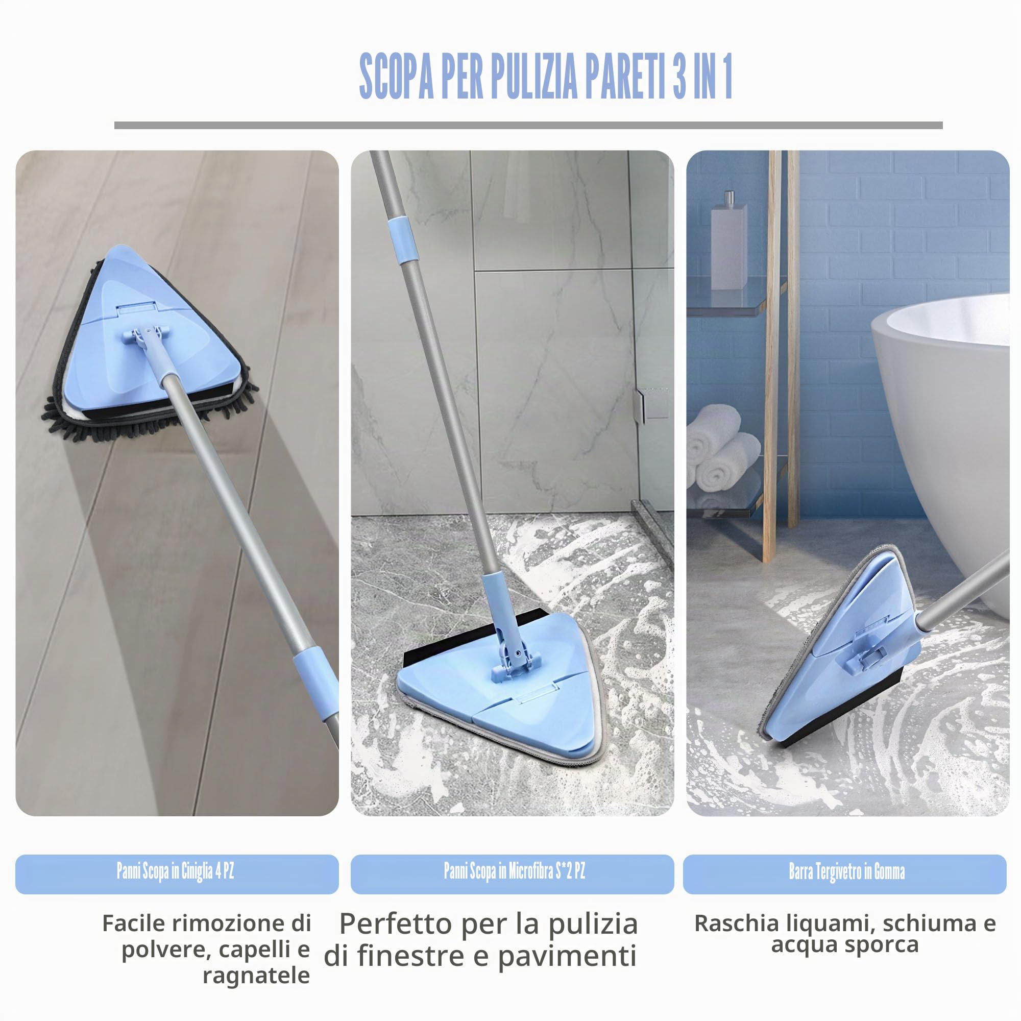 NEWE Mocio Triangolare Allungabile con Manico Lungo 202 cm e Tergivetro, Mop Lavapavimenti Pieghevole a 180° , Pulizia Pavimenti con con 6 Tamponi in Microfibra Ciniglia per Pareti, Finestre, Soffitti